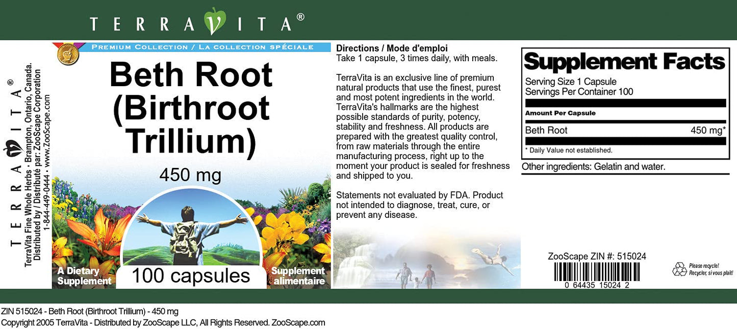 Terravita Beth Root (Birthroot Trillium) 450 mg Capsule, 100 Count