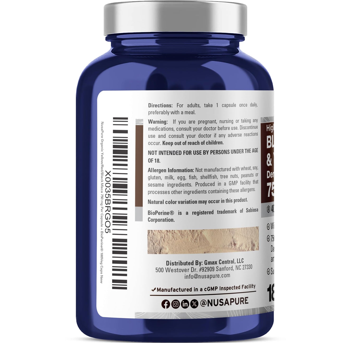 NusaPure Maca Root Black, Red, Yellow Capsules 750 mg, 180 Veg Capsules
