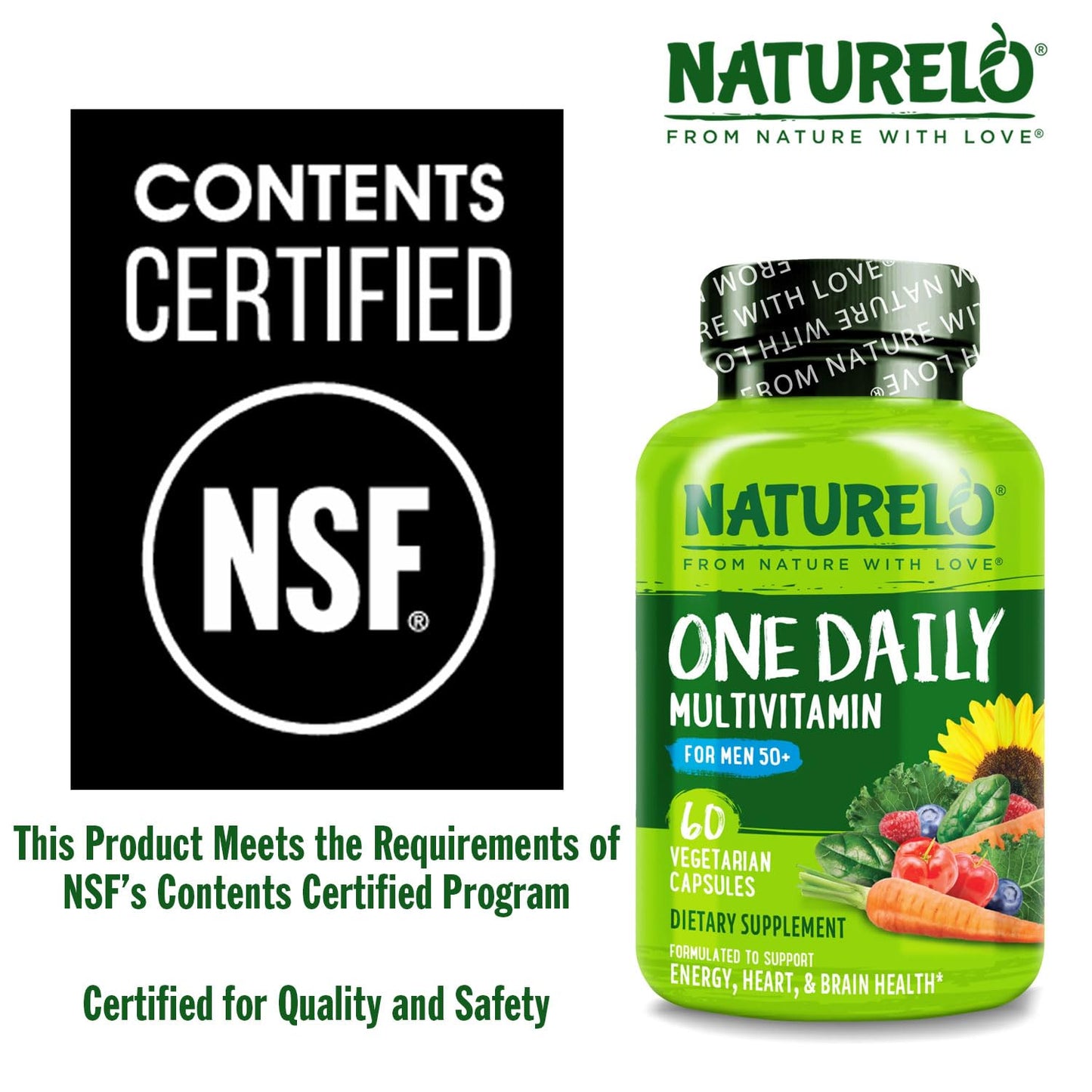 NATURELO Mens Multivitamins for Men 50+ - One Daily Multivitamin for Men with Vitamins, Minerals & Organic Whole Foods, Boost Energy & Health, Non-GMO, 60 Vegetarian Capsules
