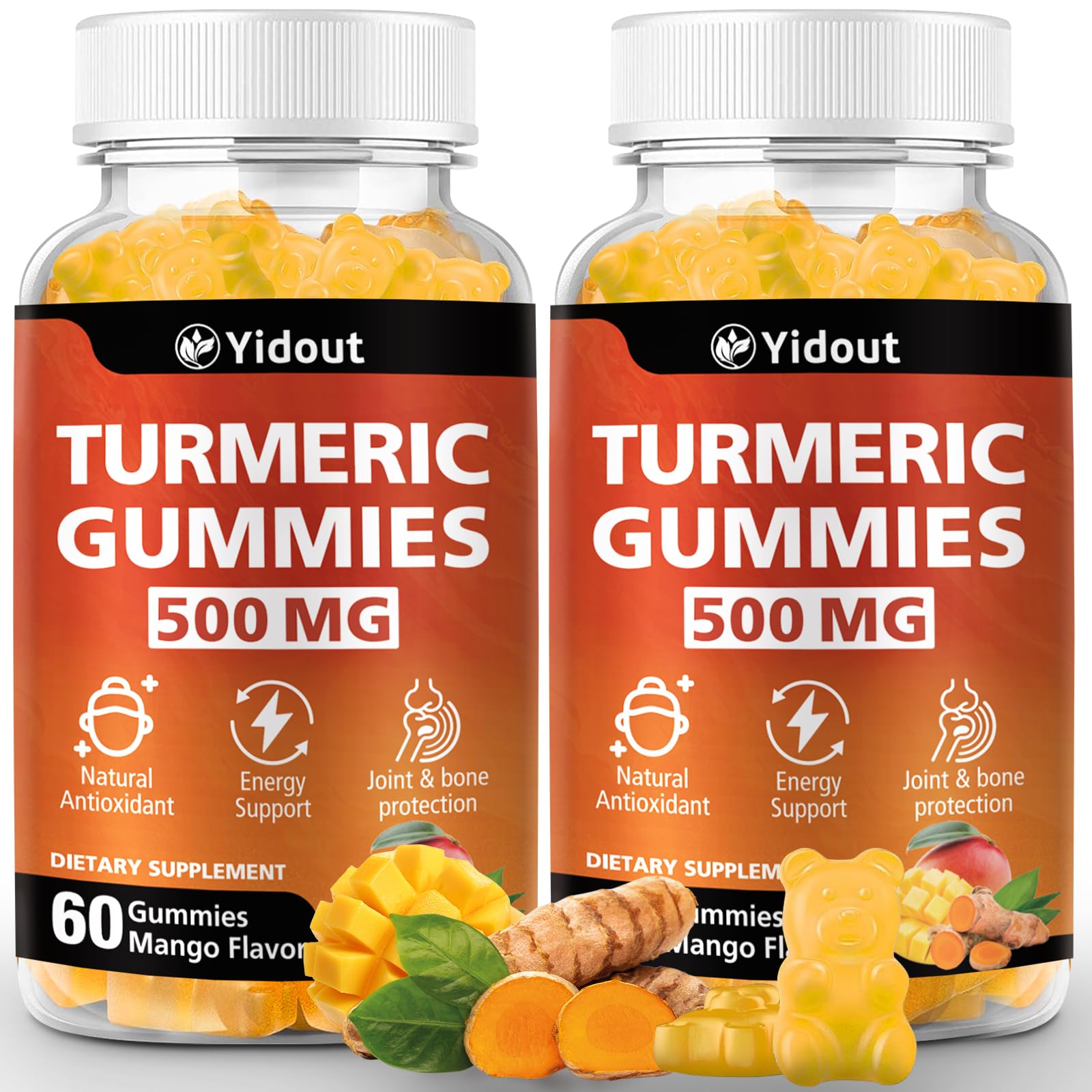 Yidout 500mg Turmeric Curcumin Gummies, Ginger Black Pepper High Absorption, Mango, 120 Gummies