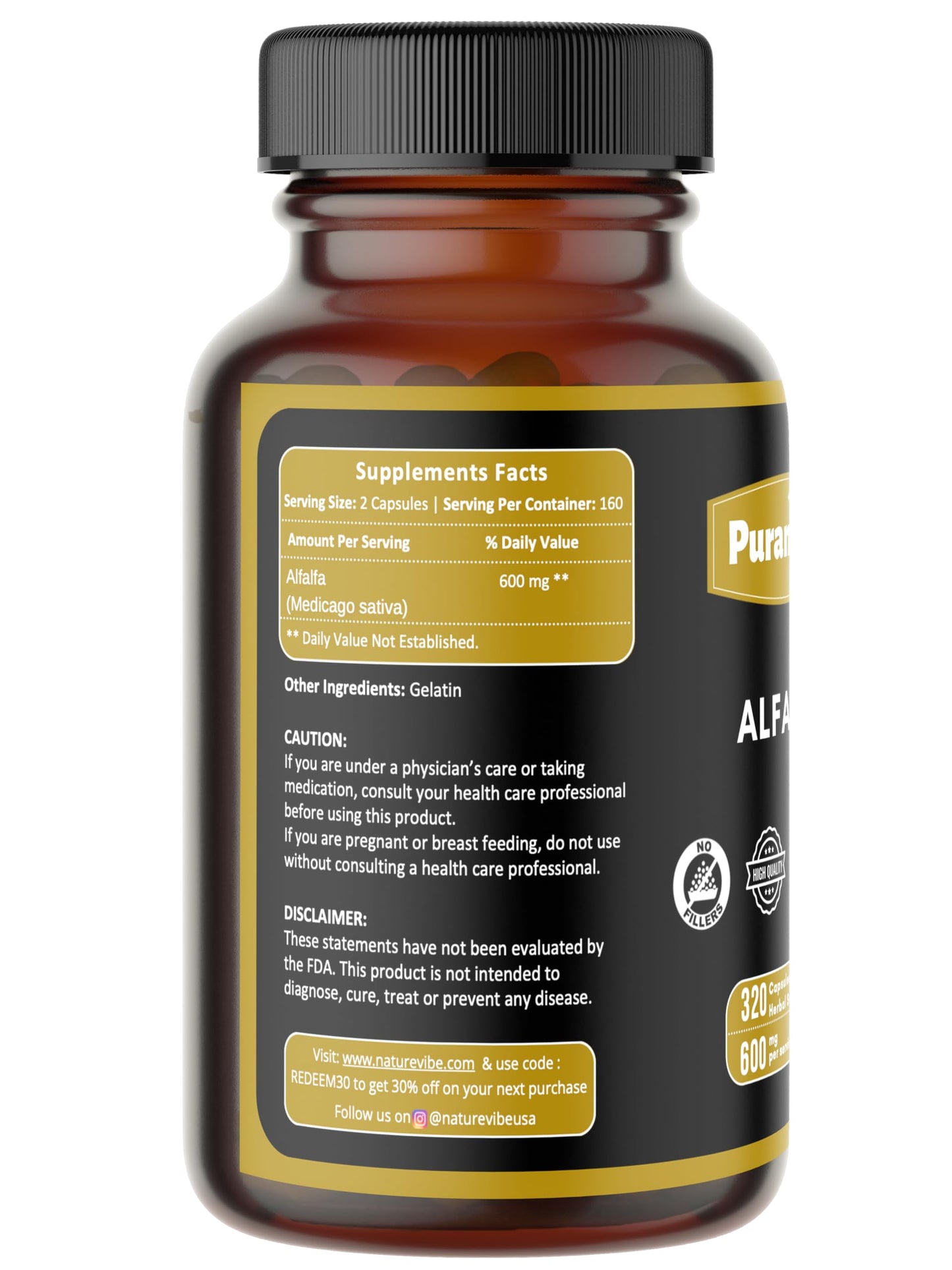 Puranicals Alfalfa Capsules 600mg per Serving, 320 Count