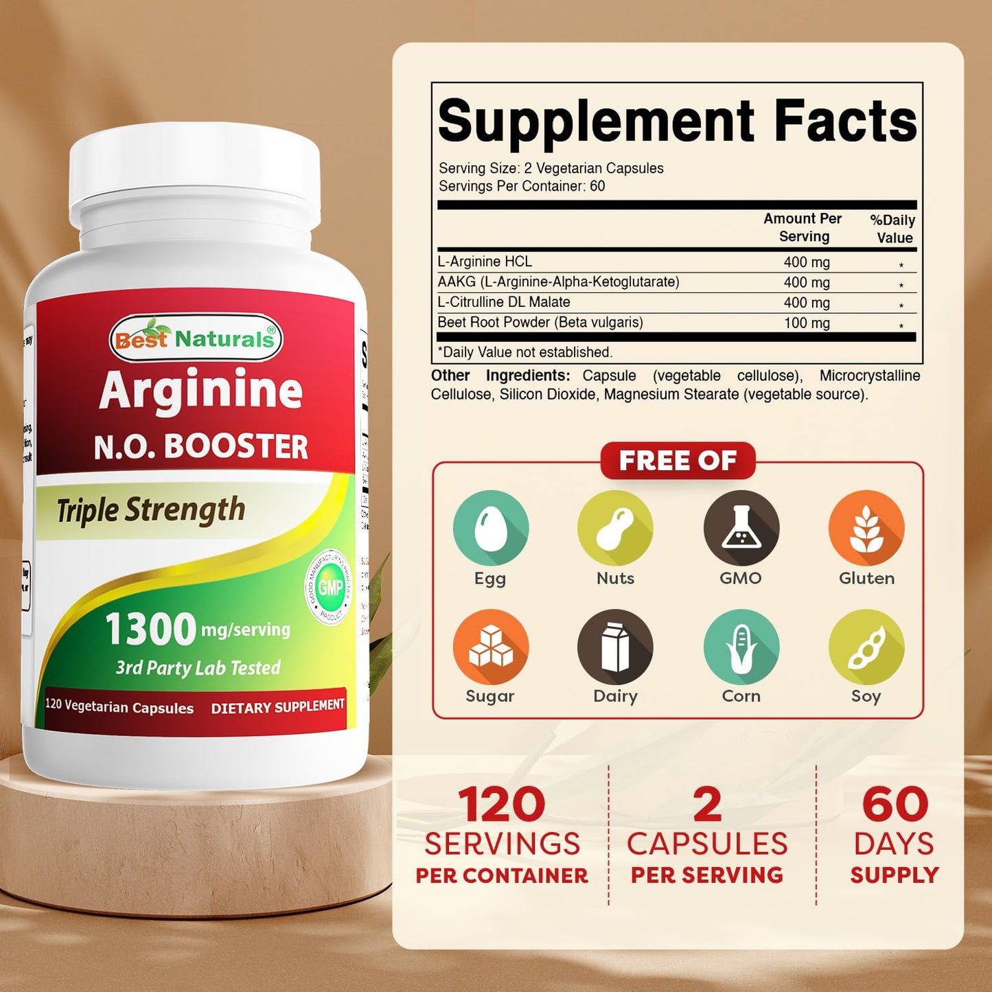 Best Naturals L-Arginine NO Booster Triple Strength 1300 mg Serving Veg Capsules, 120 Count