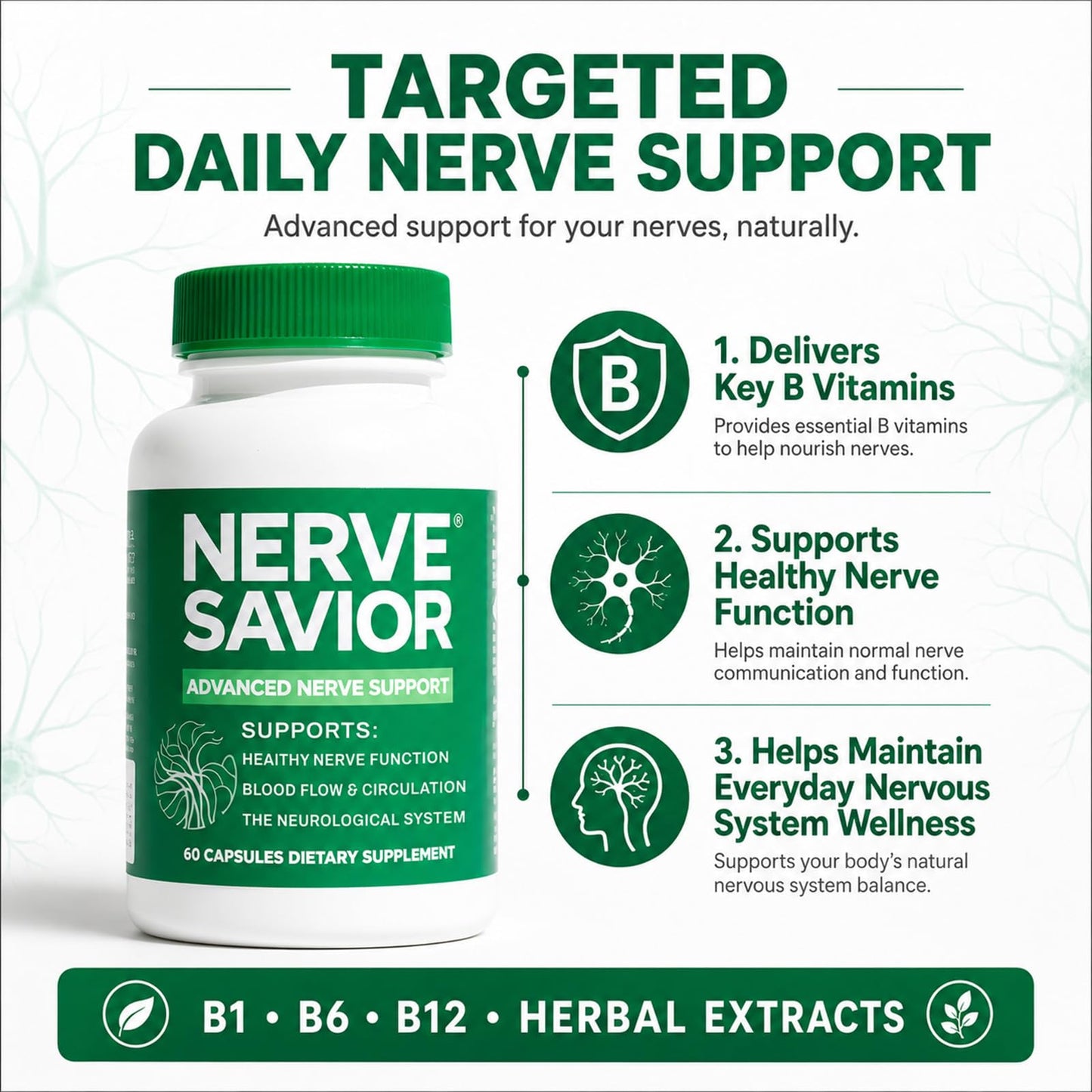 Nerve Savior Advanced Nerve Support with B Vitamins & Herbal Extracts Capsules, 60 Count