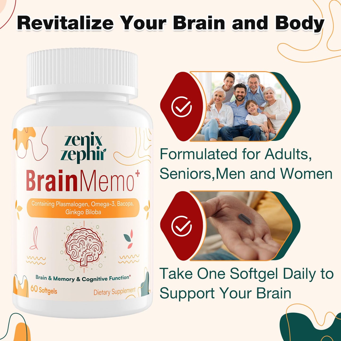 ZenixZephir Memory Focus Supplement with Plasmalogens 60 Softgels