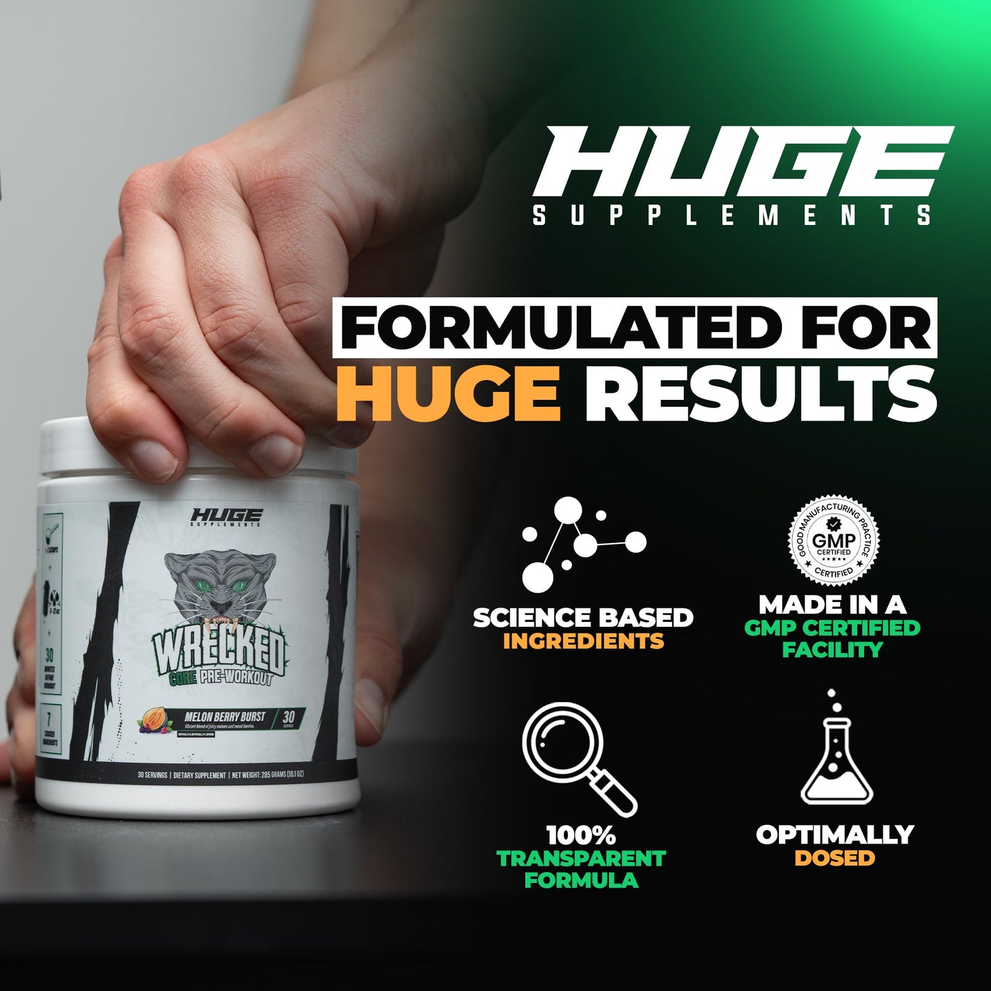 Huge Supplements Wrecked Core All-in-One Pre-Workout for Men & Women, Increase Energy, Focus & Pumps with L-Citrulline, Beta-Alanine, L-Tyrosine & More Powder, 30 Servings