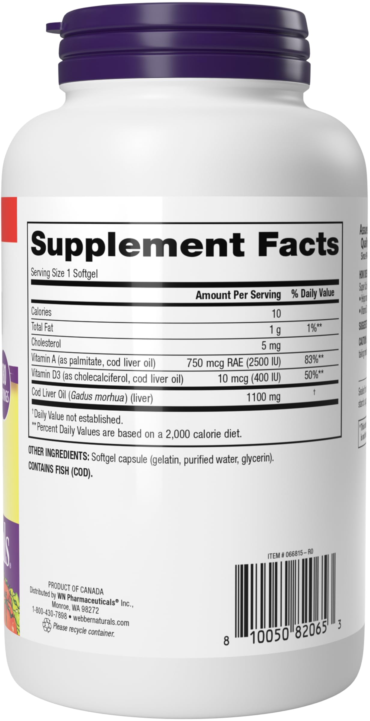 Webber Naturals Cod Liver Oil Softgels 1100 mg, Vitamins A & D, 180 Count