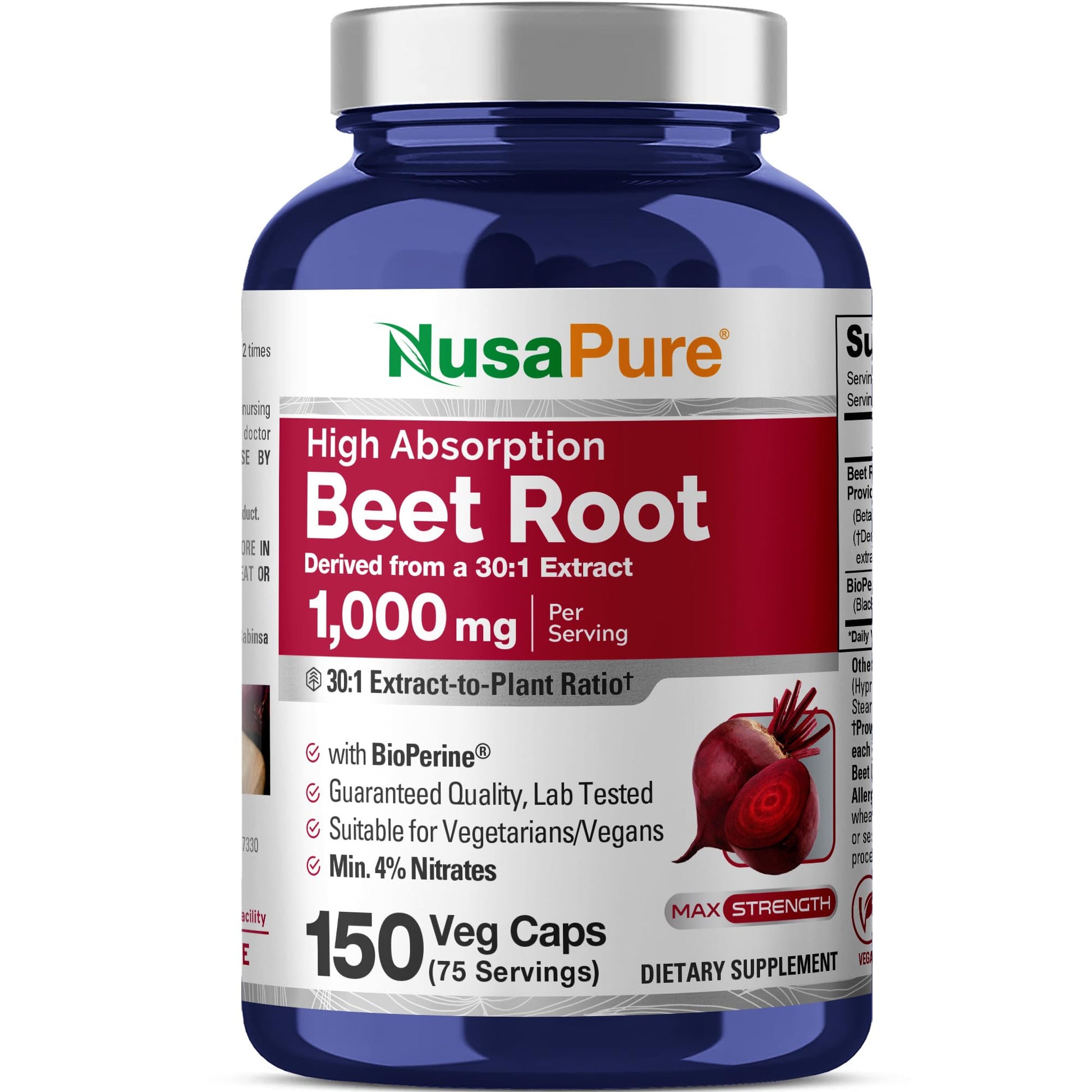 NusaPure Beet Root 1000mg Veg Capsules, 150 Count