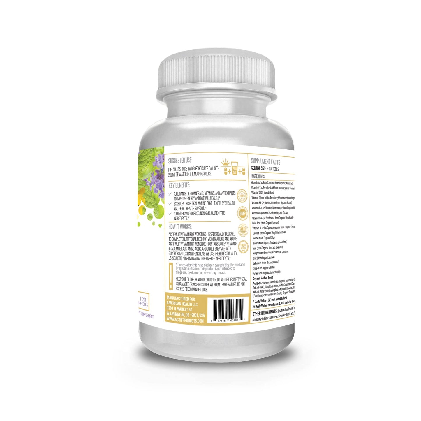 ACTIF Multivitamin for Women 60+ with 30 Organic Vitamins and Organic Herbs Tablets, 120 Count