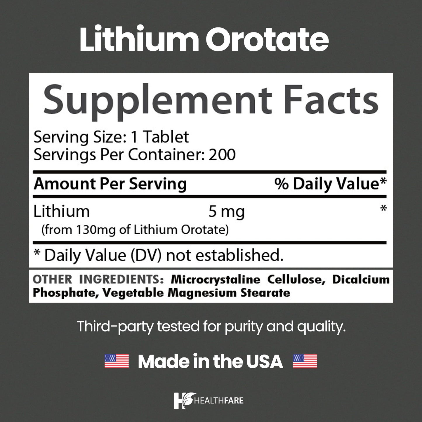 Healthfare Lithium Orotate 5mg Tablet, 200 Tablets