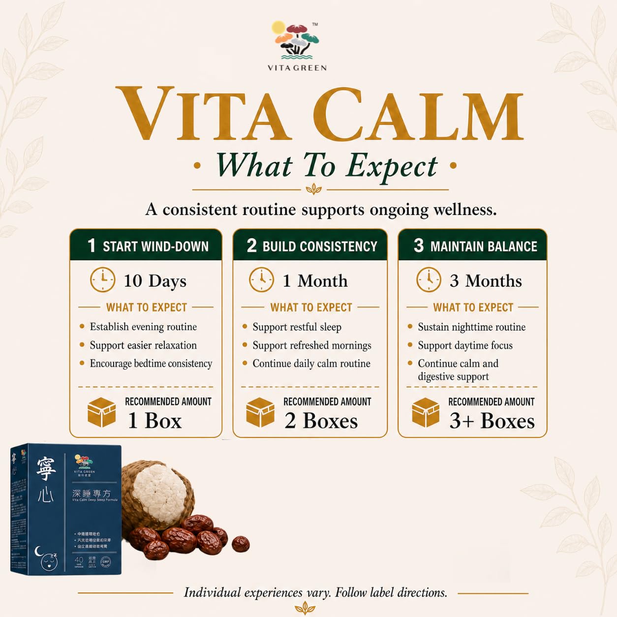 Vita Green Vita Calm Sleep Aid - Herbal Lingzhi Formula for Relaxation, 60 Capsules