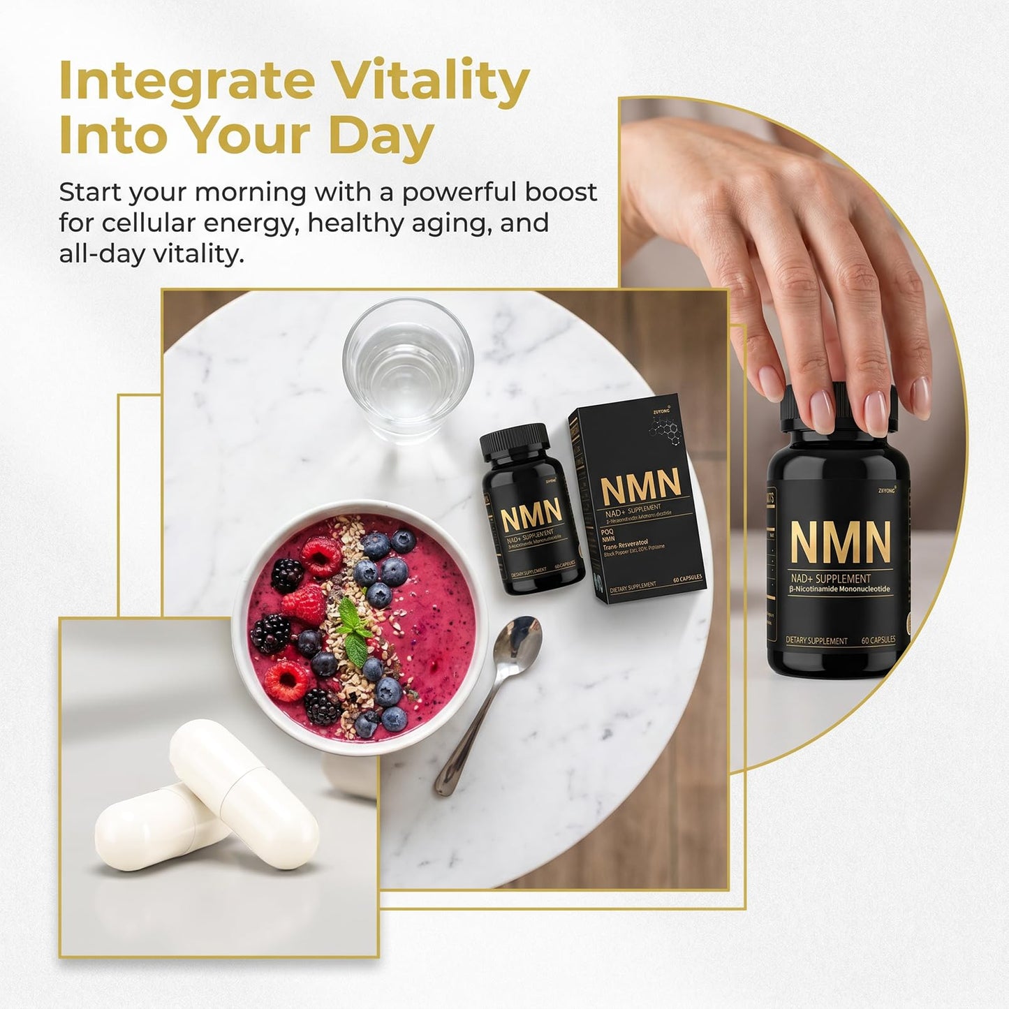 ZIIYONG NMN Supplement 1000mg Pure Organic 4-in-1 NAD+ Booster with Resveratrol, PQQ & Black Pepper Extract, 60 Capsules