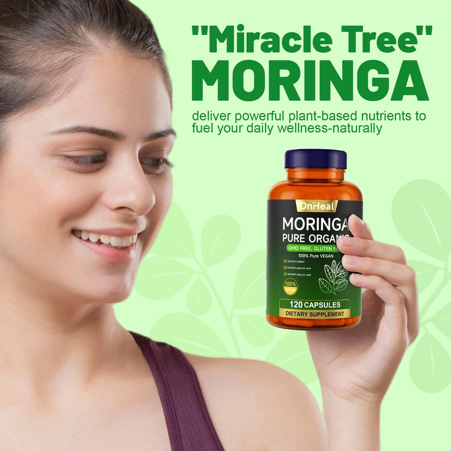 YBFQ Organic Moringa Capsules 1000 mg, 120 Count