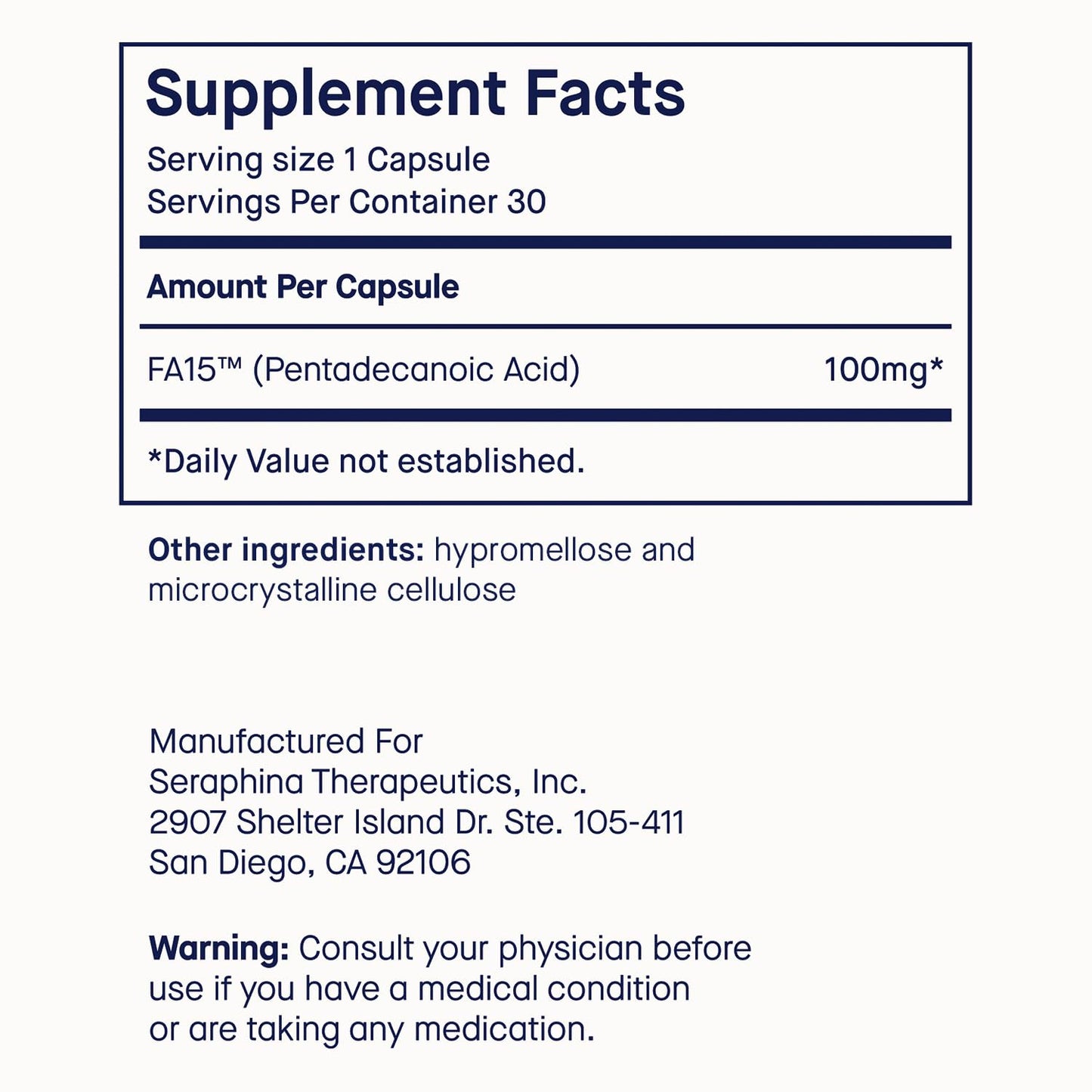 Fatty15 C15:0 Pentadecanoic Acid Healthy Aging Supplement Capsules, 180 Count