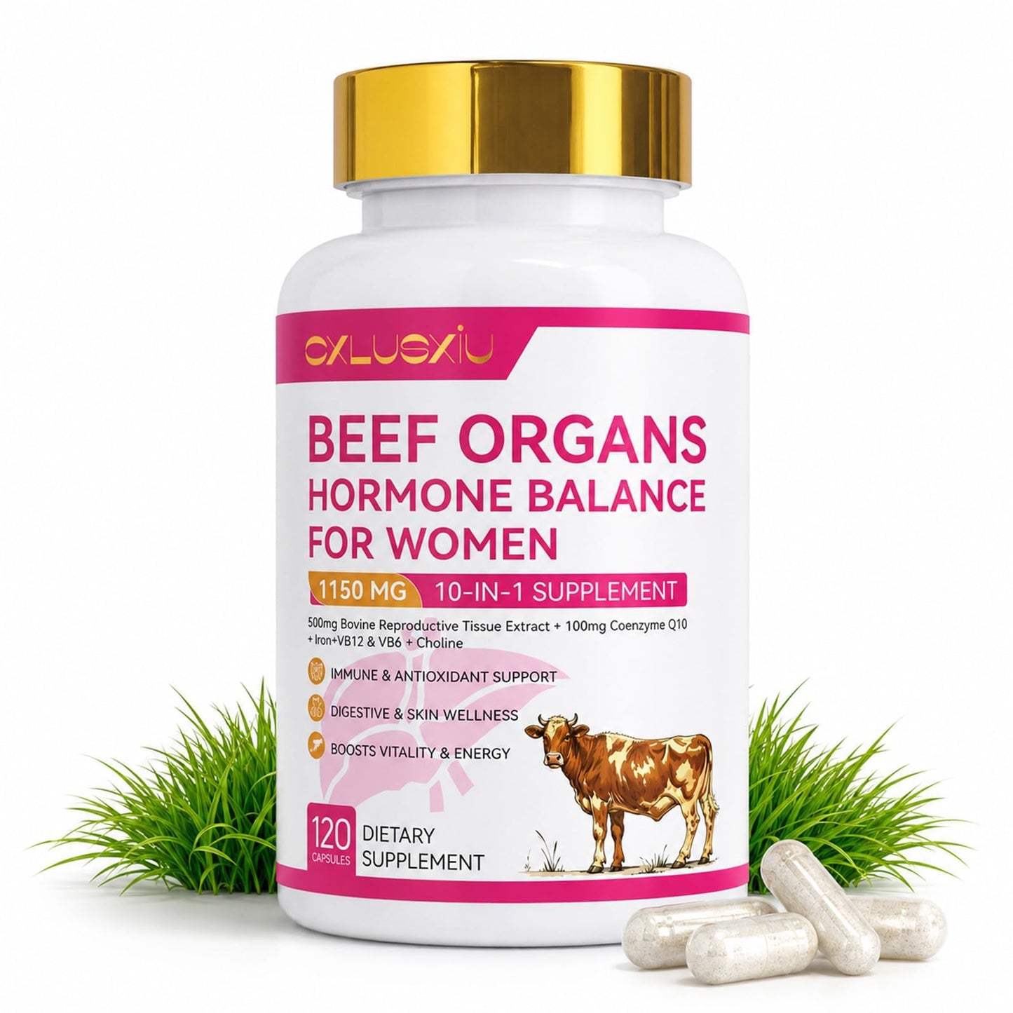 Cxlusxiu Beef Organ Capsules for Women, Grass-Fed Beef Liver, Female Glandular Support, Iron, CoQ10, Choline, B12 & B6, 120 Capsules