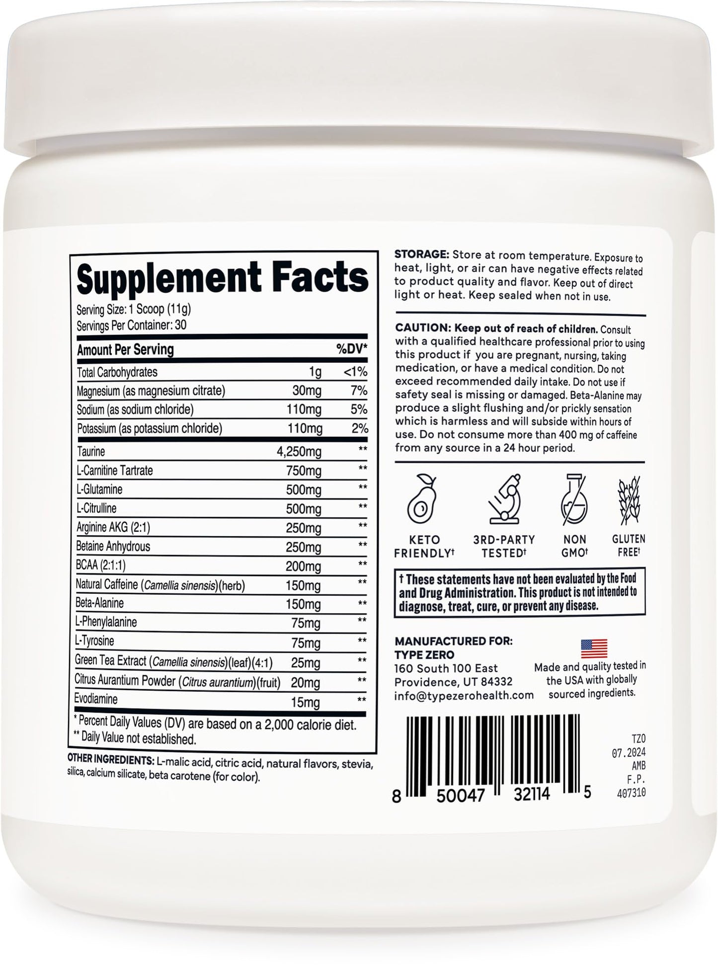 Type Zero AminoBurn Natural Pre Workout + BCAA Peach Mango Sugar Free, 13 Ounce Powder