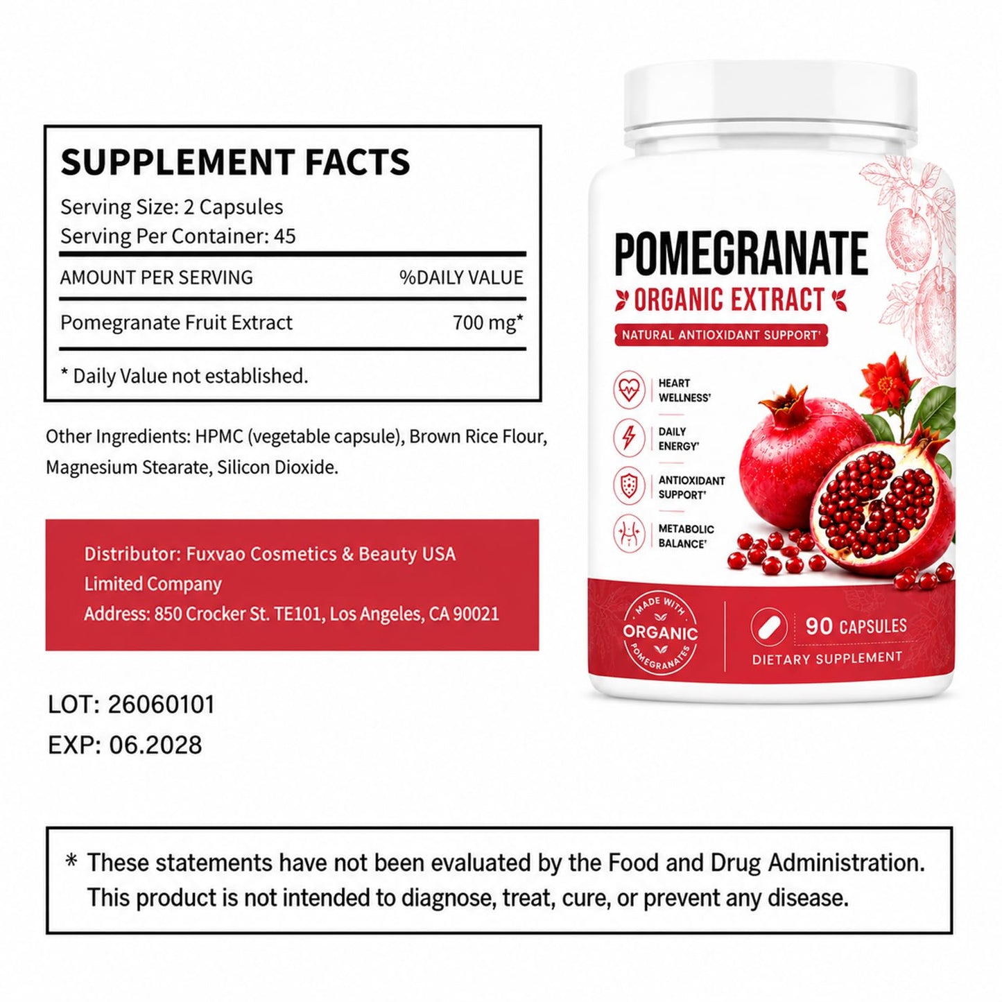 Fuxvao Organic Pomegranate Extract Powder, 90 Count