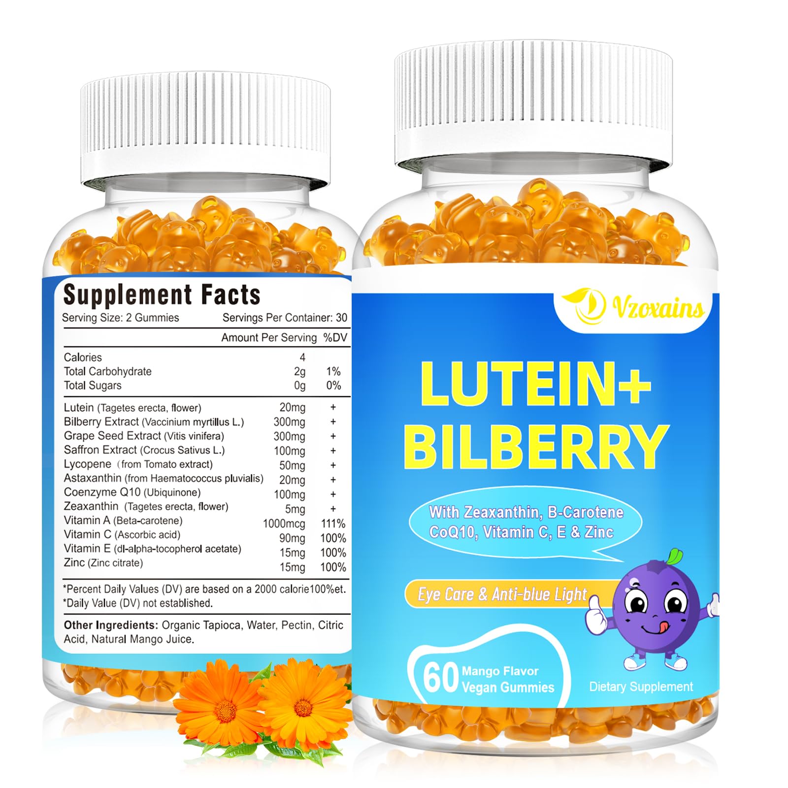 VZOXAINS Lutein & Zeaxanthin Gummies with Bilberry, Astaxanthin, Omega-3, Vitamin C & E - Sugar Free Eye Health Support, Dry Eye Relief & Macular Support, 120 Gummies