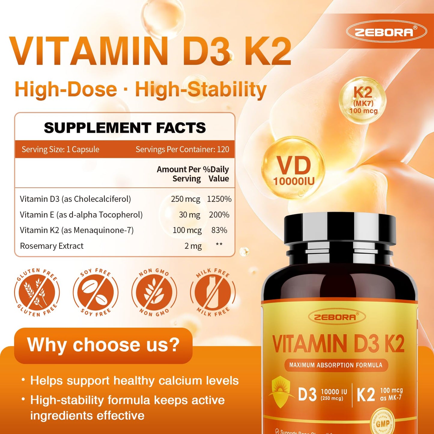 ZEBORA Vitamin D3 K2, 10,000 IU D3 & 100mg K2 Capsules, 120 Count
