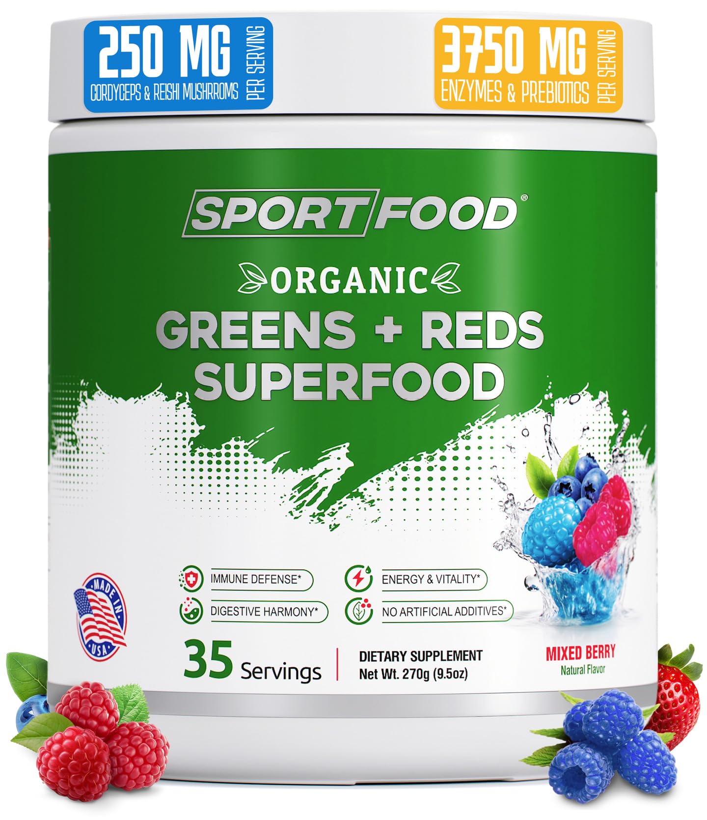 Sport Food Organic Greens & Reds Superfood Powder Mixed Berry Flavor, 8 oz