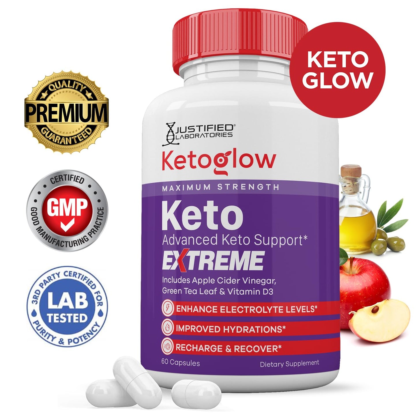 Justified Laboratories Keto Glow Keto ACV Extreme Pills 1675MG Keto Support Blend Capsules, 180 Count