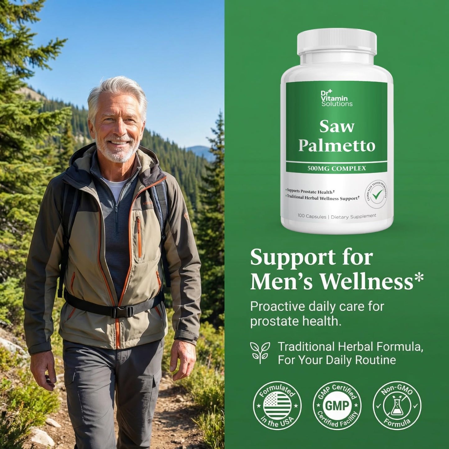 DR VITAMIN SOLUTIONS Saw Palmetto for Men 500mg Prostate Health, 45% Extract, DHT Blocker Capsule 1 Count