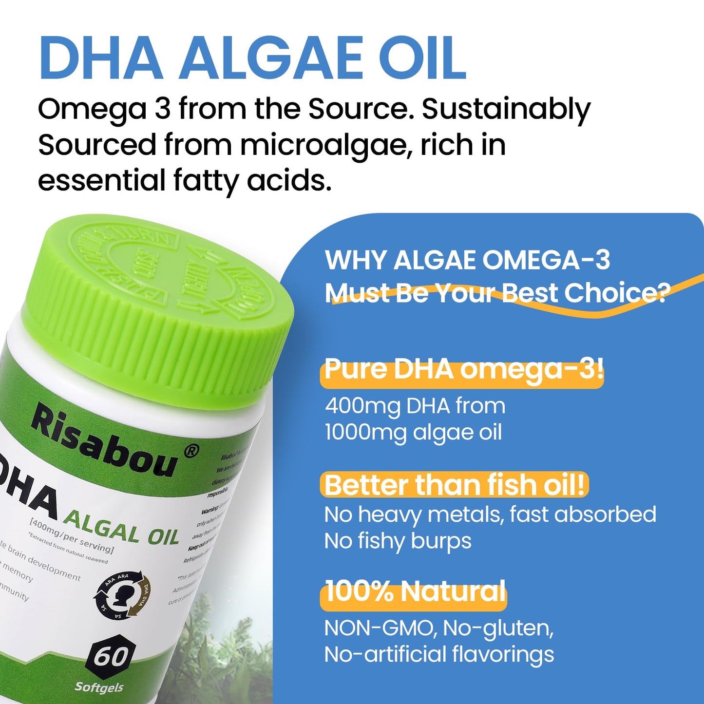 Risabou Algal Oil DHA 400 mg with ARA and SA, DHA Omega-3 Softgels, 120 Count
