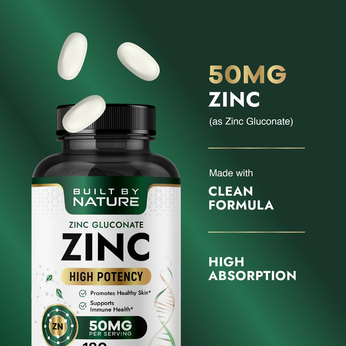 Built by Nature Zinc 50 mg (Zinc Gluconate), Immune & Antioxidant Support, 180 Tablets