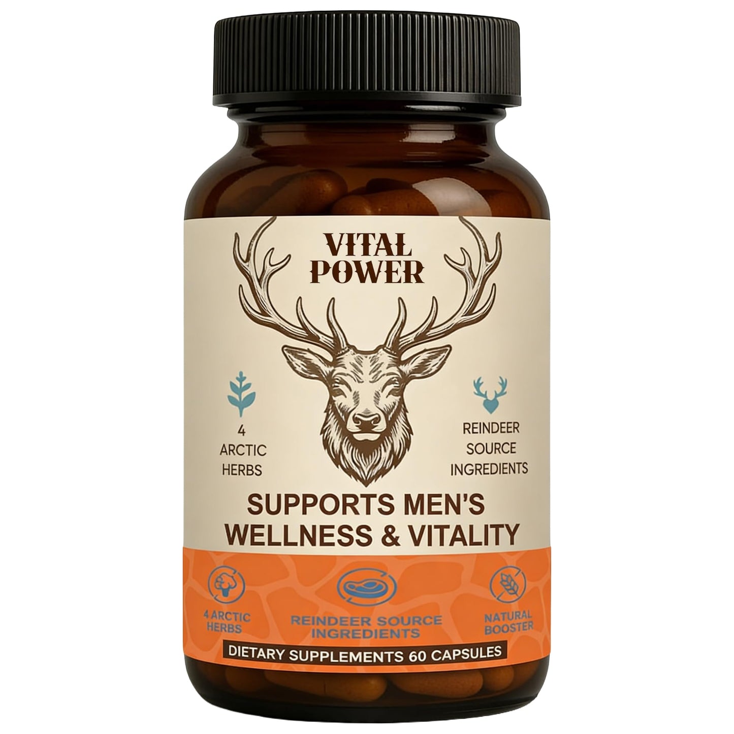 Bnaddain Men’s Vitality Supplement Arctic Herbal & Reindeer Nutrient Blend Energy Support Capsules, 60 Capsules