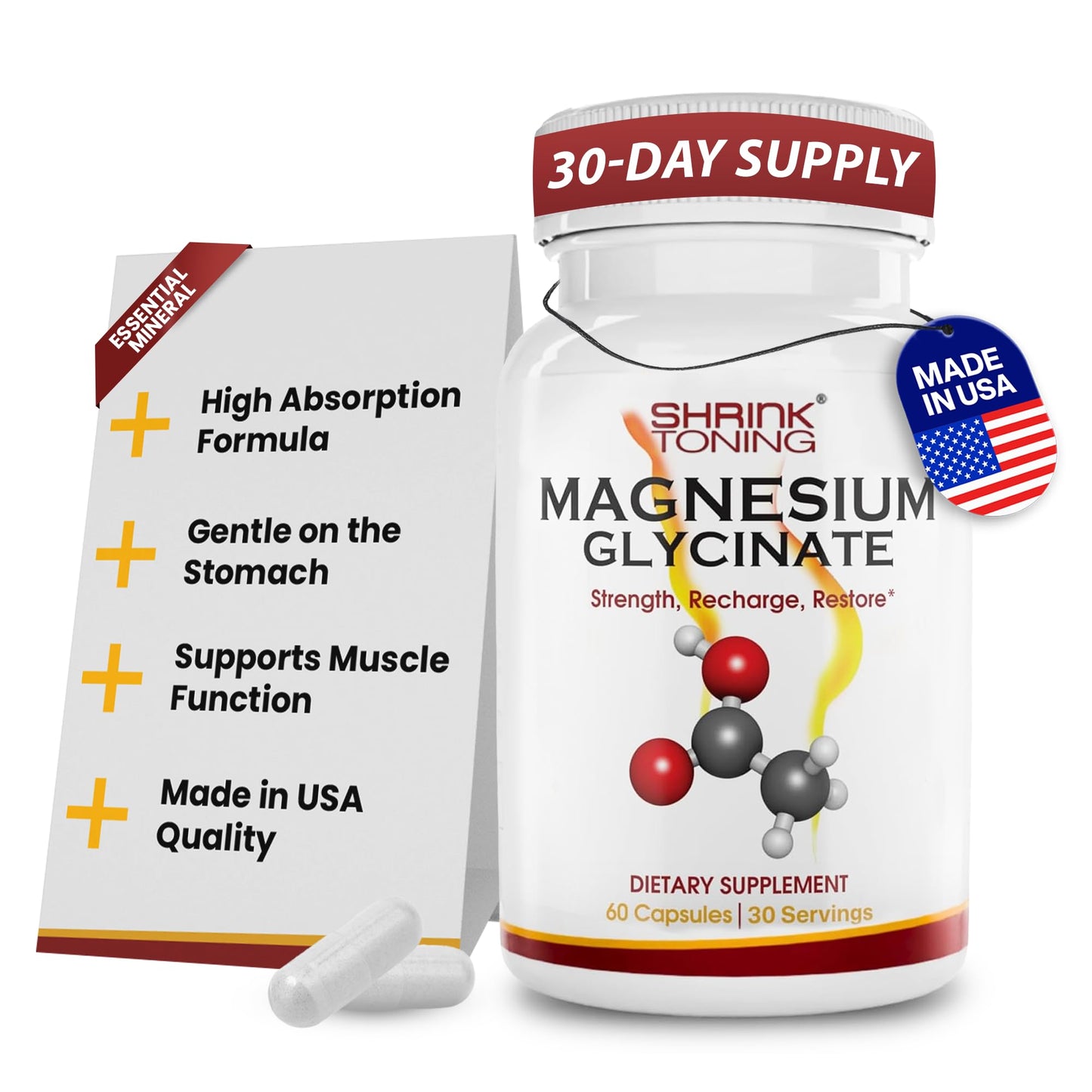 Shrink Magnesium Glycinate 1666 mg High Absorption Magnesium Supplement Supports Muscle Function, 60 Capsules