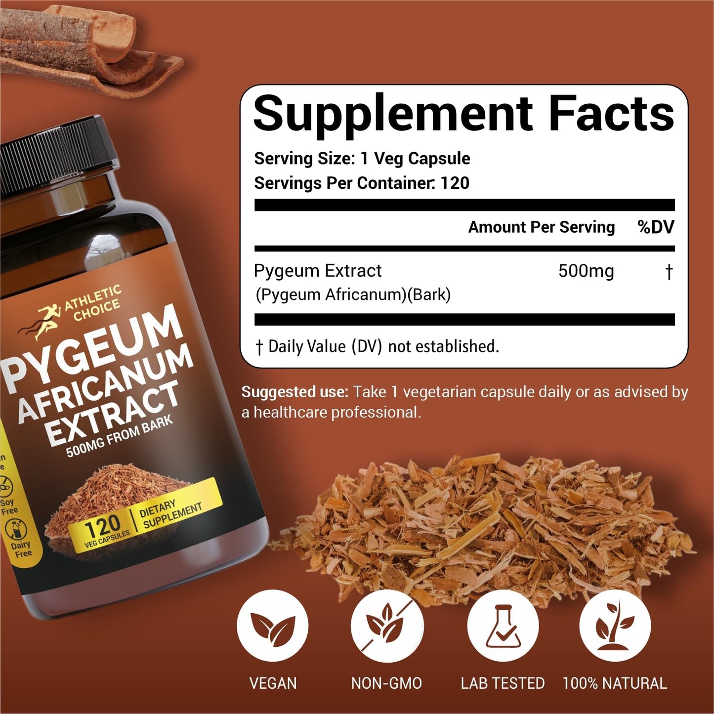 Athletic Choice Pygeum Africanum 500mg Bark Extract Capsules, 120 Count, Non-GMO & Gluten-Free Extra Strength Pygeum Supplement for Men and Women
