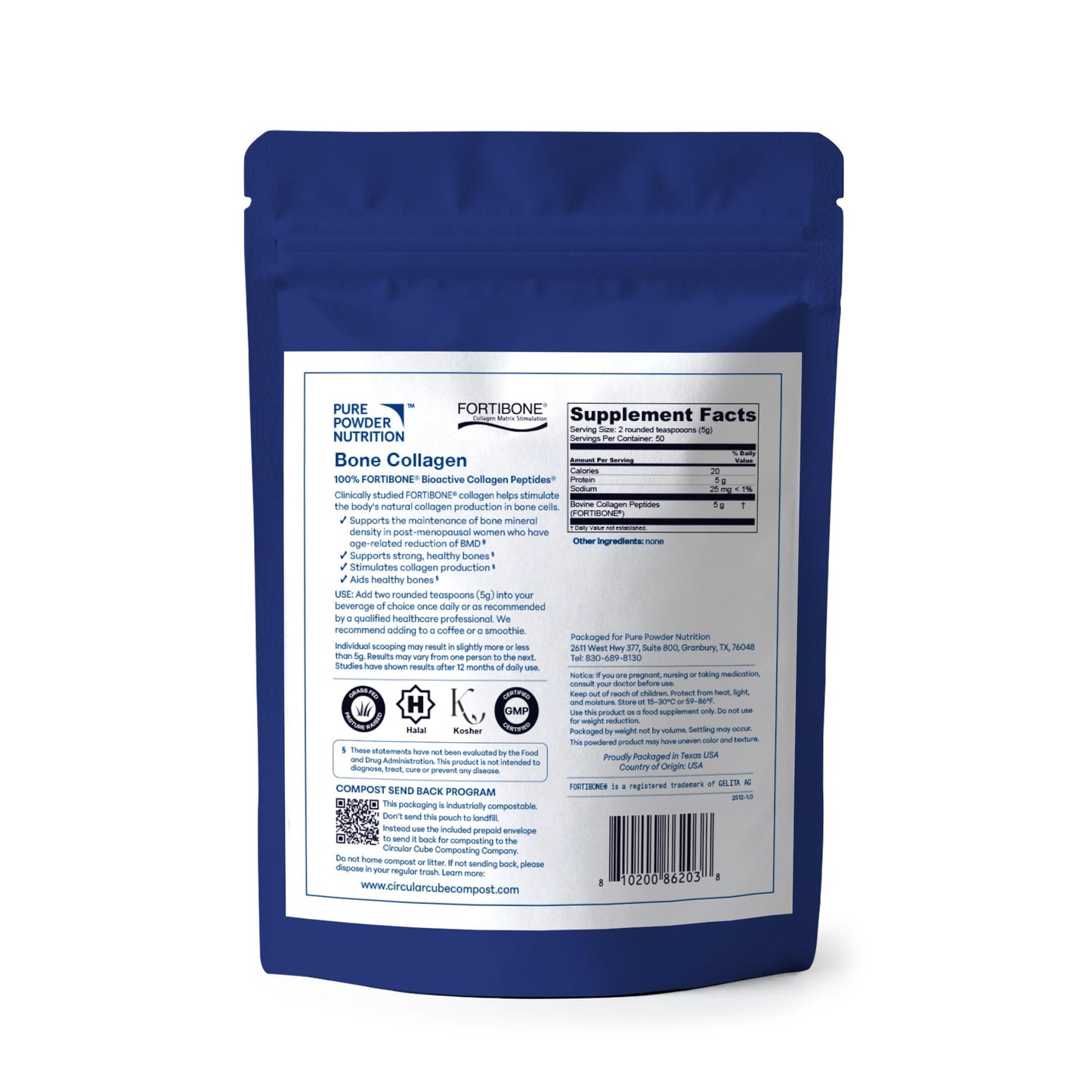 Pure Powder Nutrition Bone Collagen with FORTIBONE Bioactive Collagen Peptides for Bone Health Powder 8.8 oz