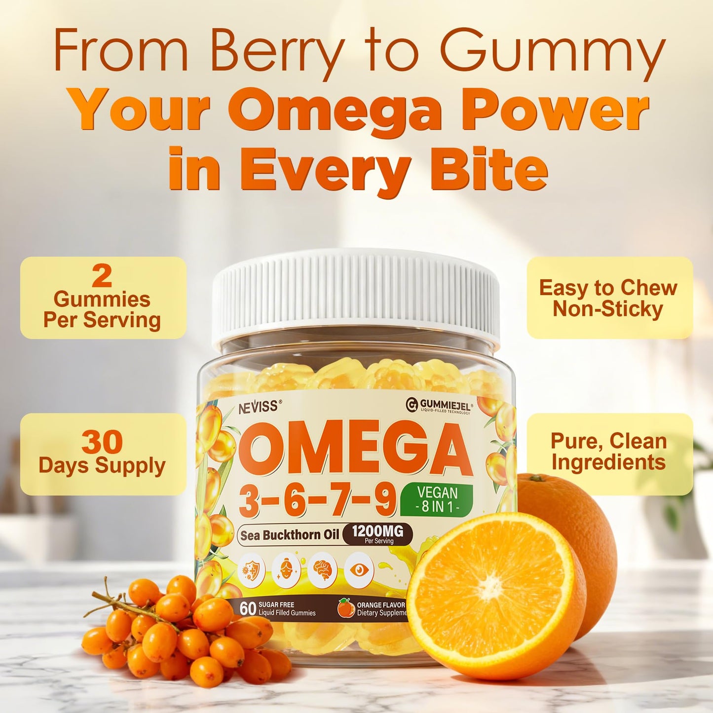 NEVISS Omega 3-6-7-9 Gummies with Sea Buckthorn Oil 1200mg & Flaxseed Oil 500mg, 60 Count