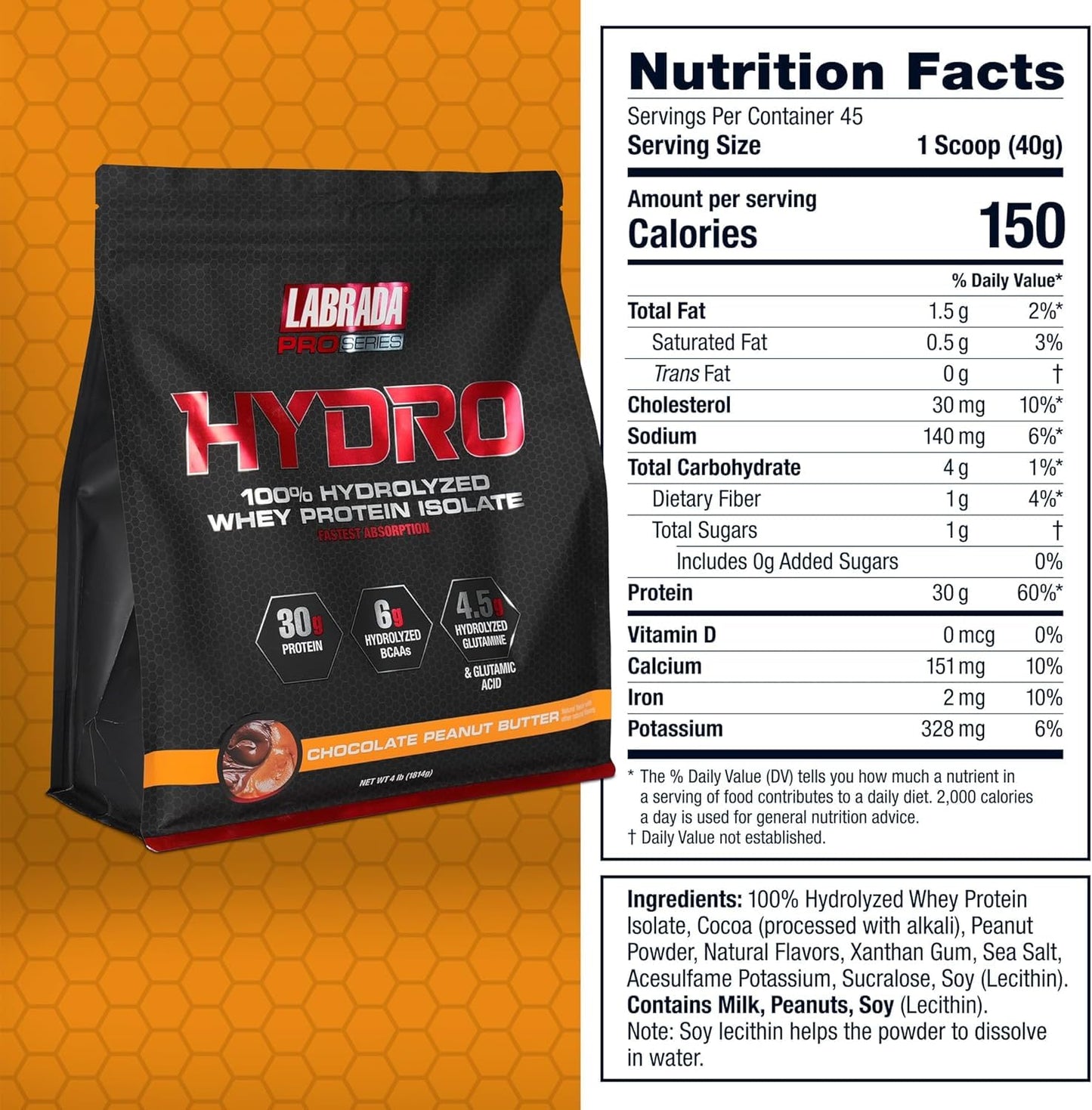 Labrada Hydro 100% Pure Hydrolyzed Whey Protein Isolate Powder, Lactose Free, Glutamine, Fastest Digesting Whey Available, Instant Mixing, Delicious Taste 64 Servings (Peanut Butter)