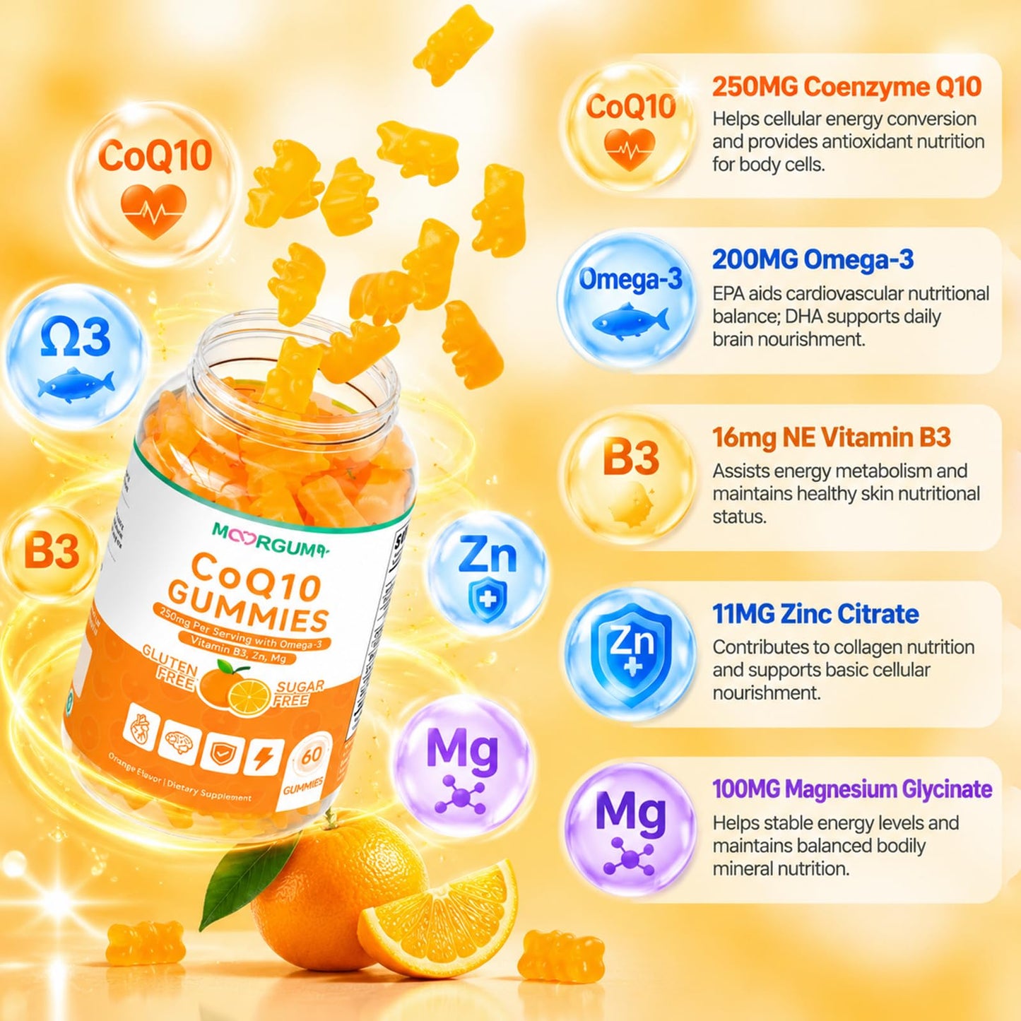MOORGUMY CoQ10 Gummies 250mg High Absorption Coenzyme Q10 with Omega-3, Vitamin B3, Zinc, Magnesium, Supports Heart Health, Cellular Energy & Antioxidant, Vegan, Non-GMO, Orange Flavor, 60 Count