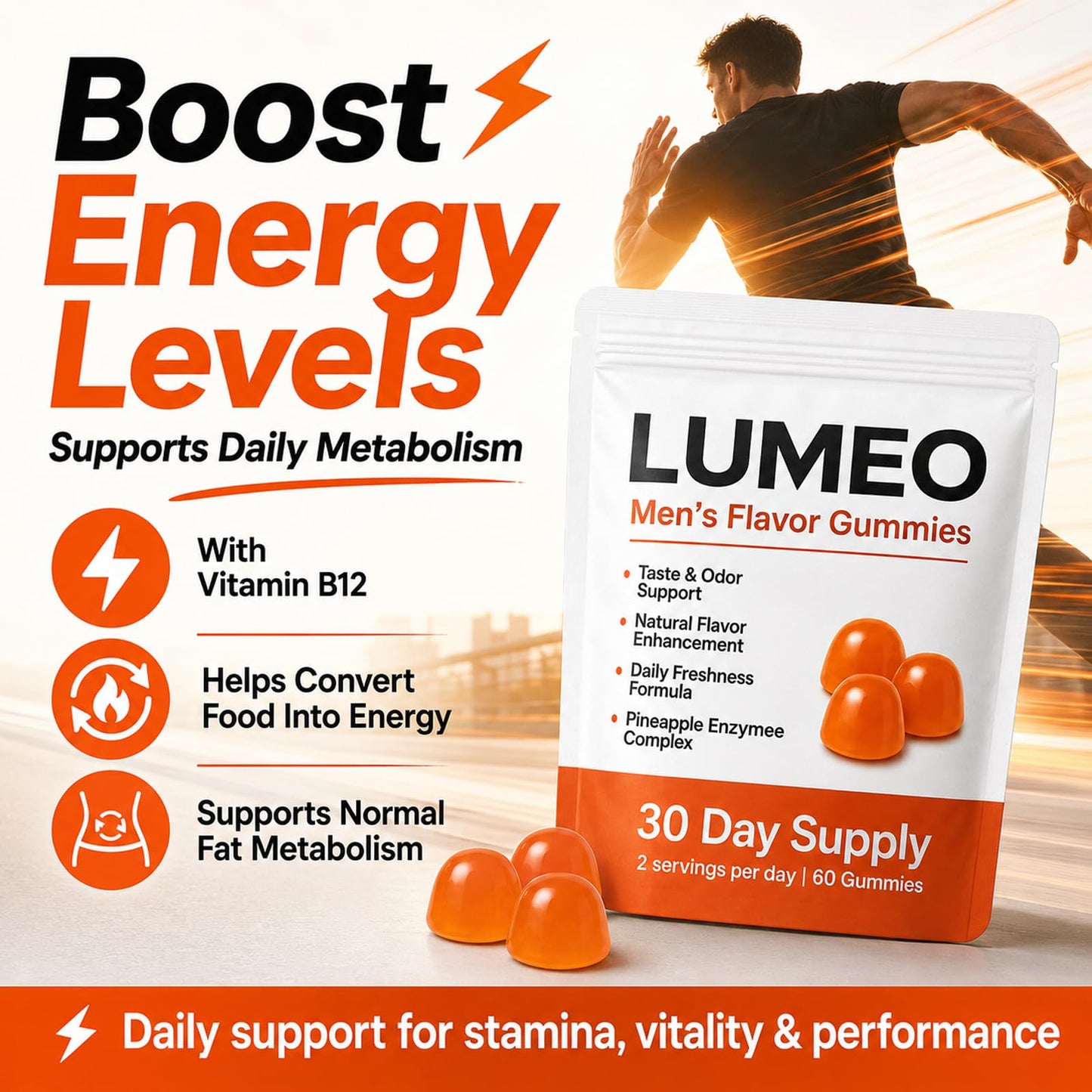 KWEZTY Lumeo Men's Flavor Gummies with Bromelain and Vitamin C, Energy & Vitality Support, 60 Gummies