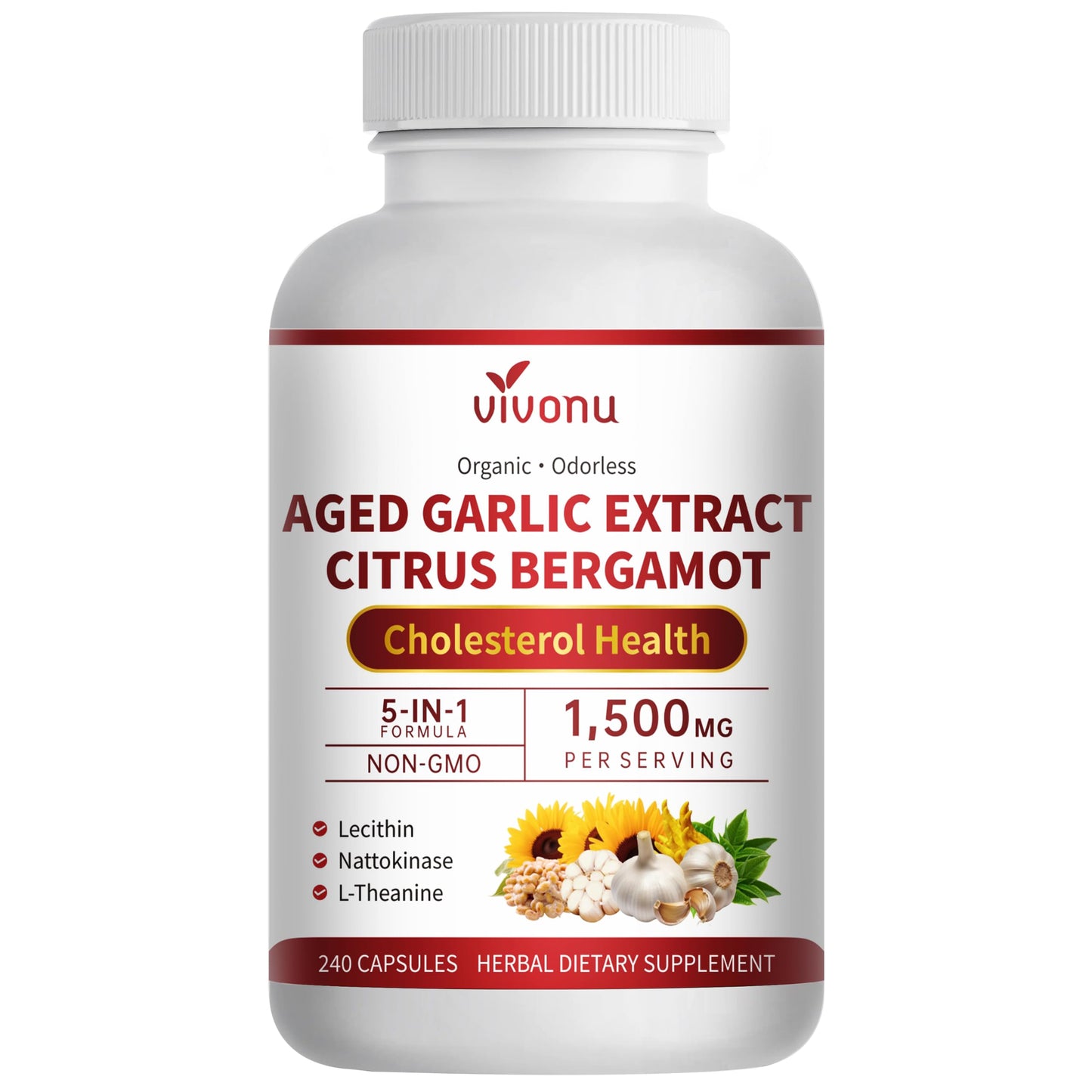 VivoNu Odorless Aged Garlic Extract 1500mg per Serving, 240 Capsules