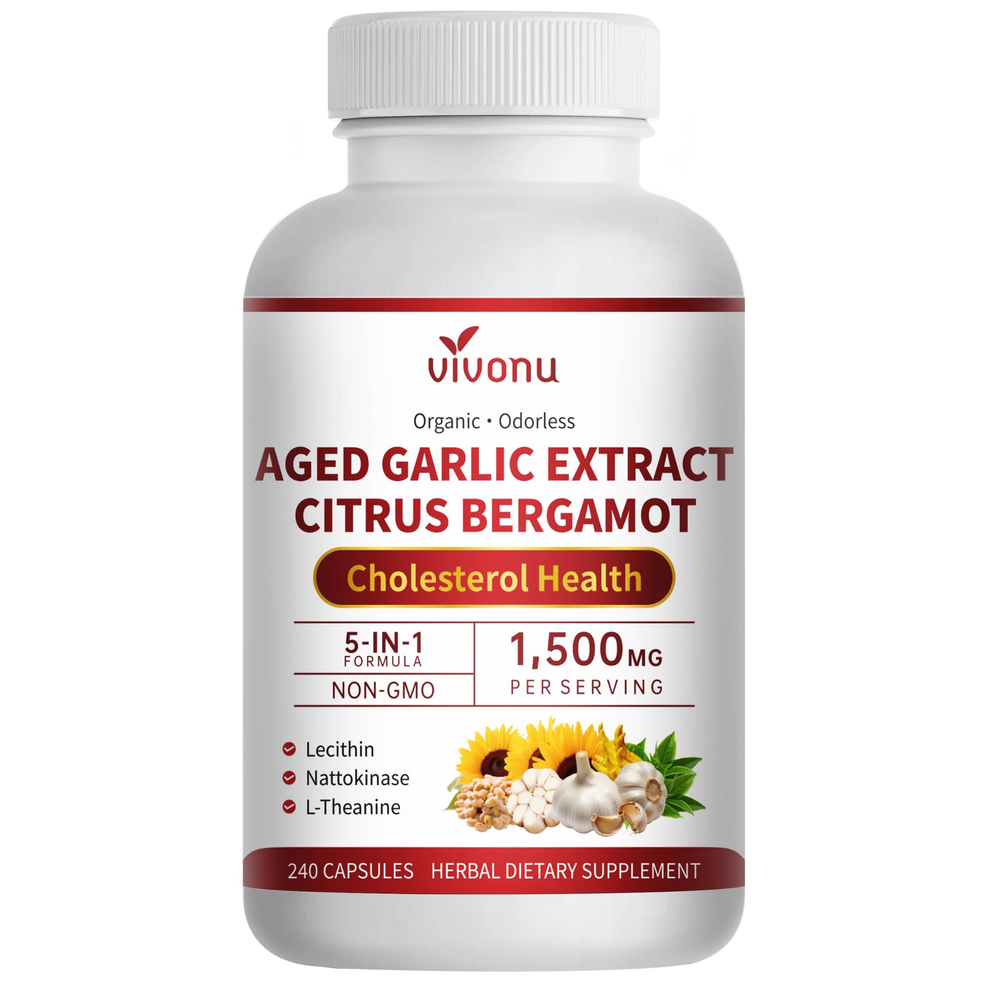 VivoNu Odorless Aged Garlic Extract 1500mg per Serving, 240 Capsules