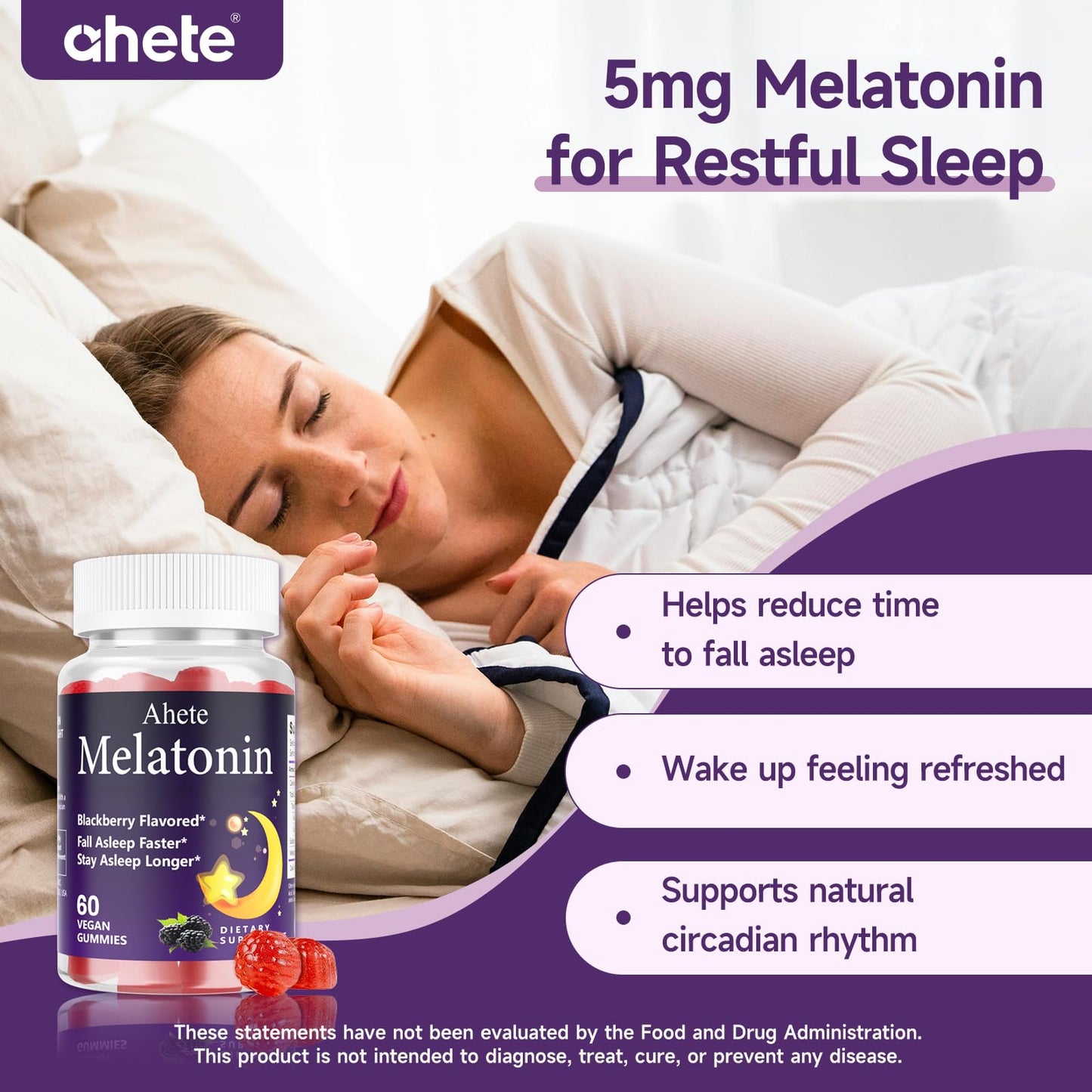 Ahete Melatonin 5mg Gummies for Adults, 180 Gummies