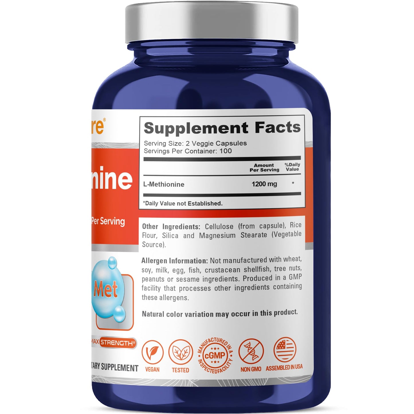 NusaPure L Methionine 1200mg Capsules 200 Count