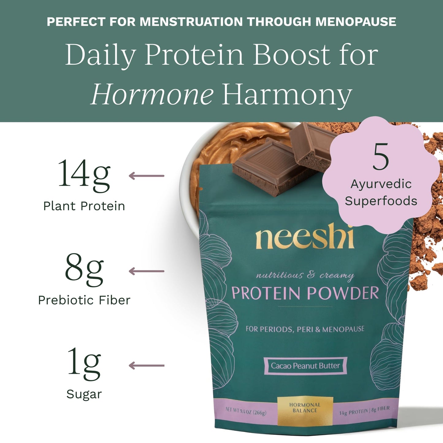 NEESHI Hormone Balance Protein Powder, Cacao Peanut Butter, 9.4