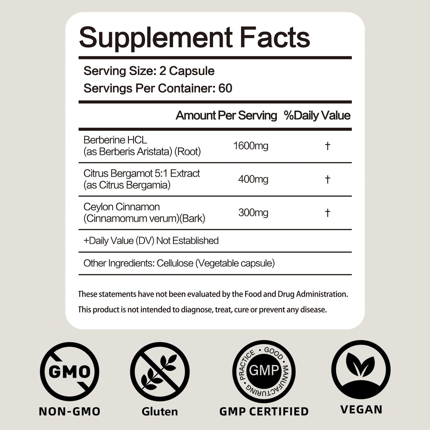 FANCYENERGY Berberine HCl Supplement with Ceylon Cinnamon & Citrus Bergamot 120 Capsules