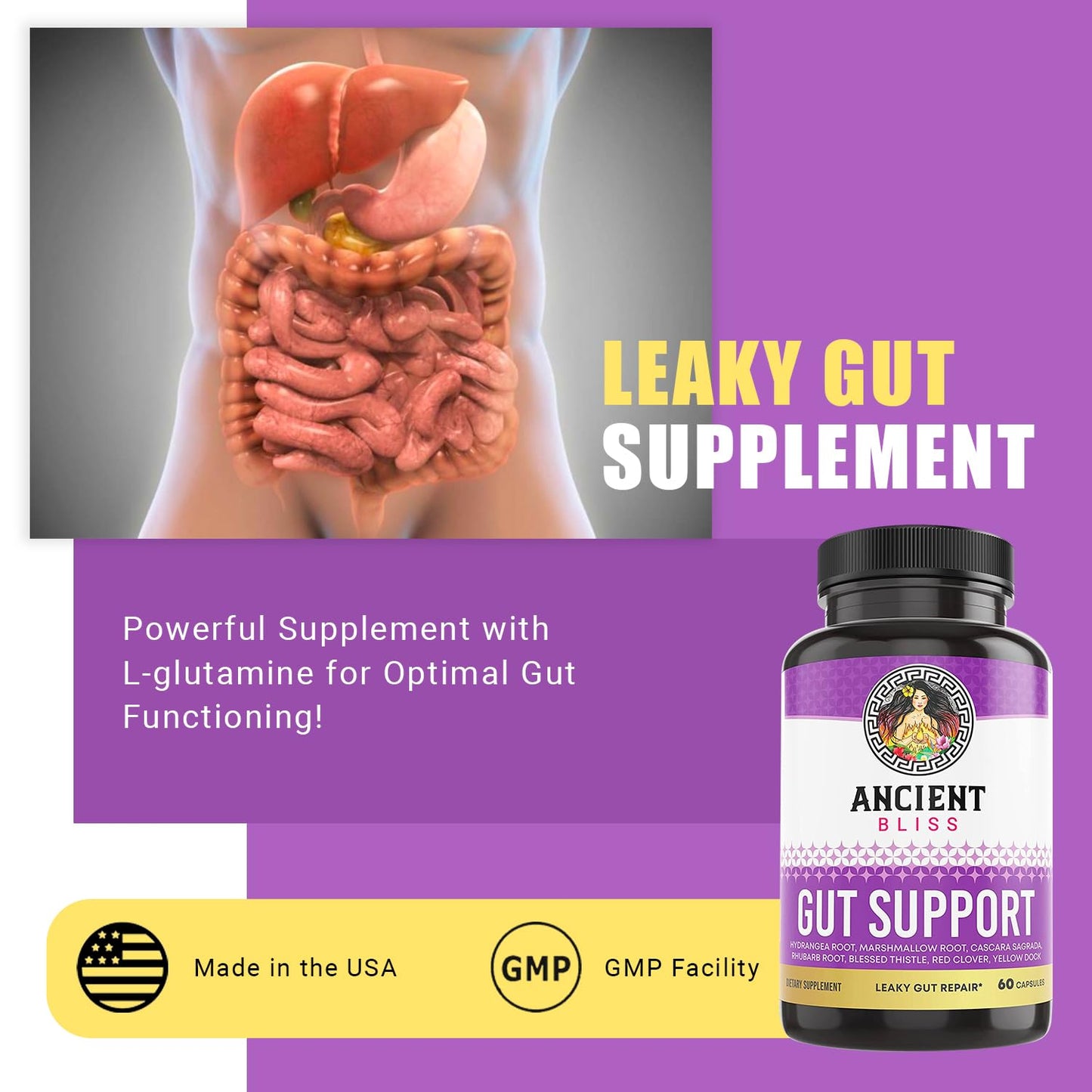 Ancient Bliss Leaky Gut L-Glutamine Capsules for Gut Support with Blessed Thistle and Hydrangea Root, 60 Capsules