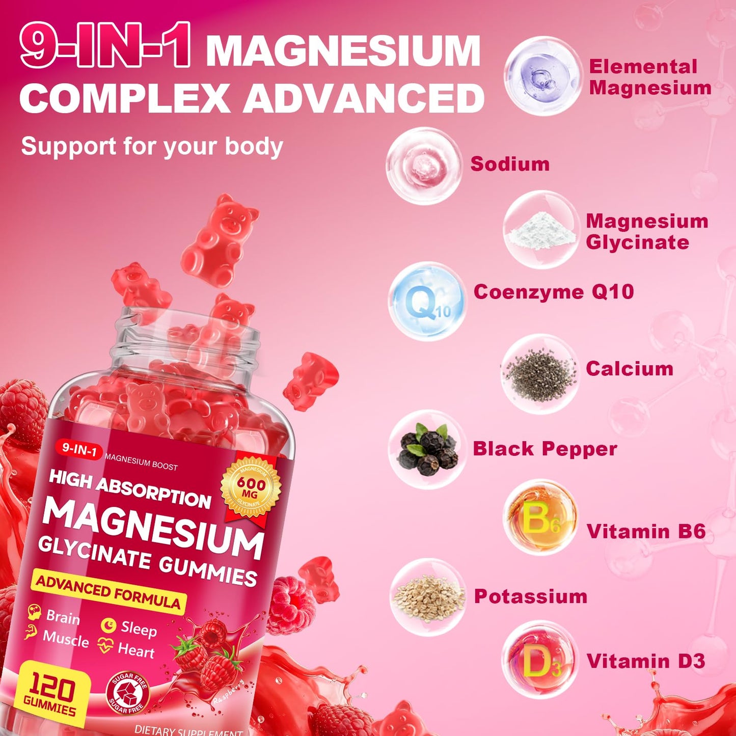 Biokynt Magnesium Glycinate Gummies 600mg, High Absorption Magnesium Supplement, 120 Gummies