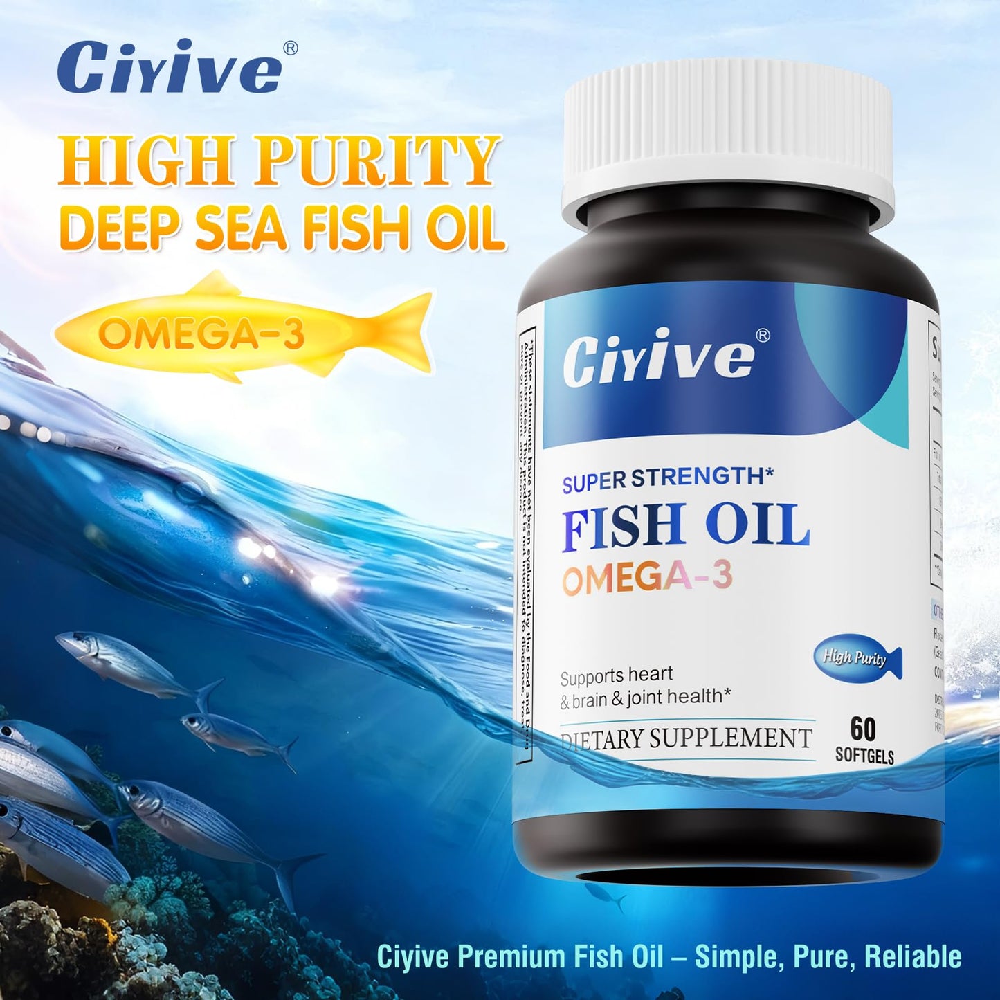 Ciyive Omega-3 Fish Oil Softgels 60 Count