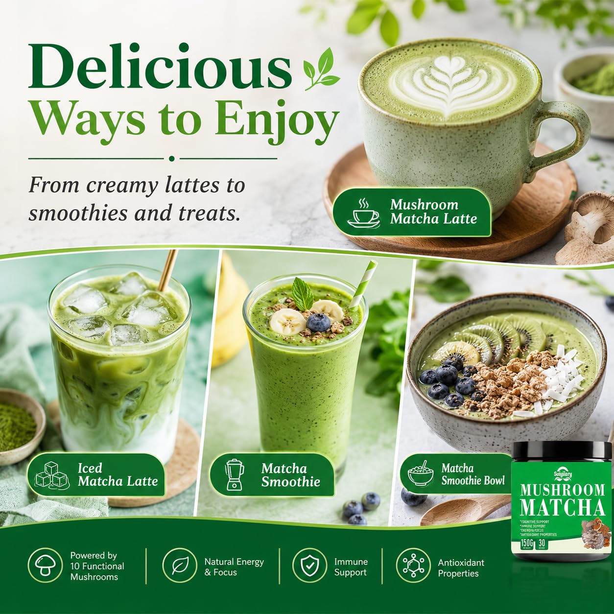 Suiyilary Mushroom Matcha Ceremonial Tea Powder with 7 Superfood Mushrooms, Gluten Free, 5.29 oz