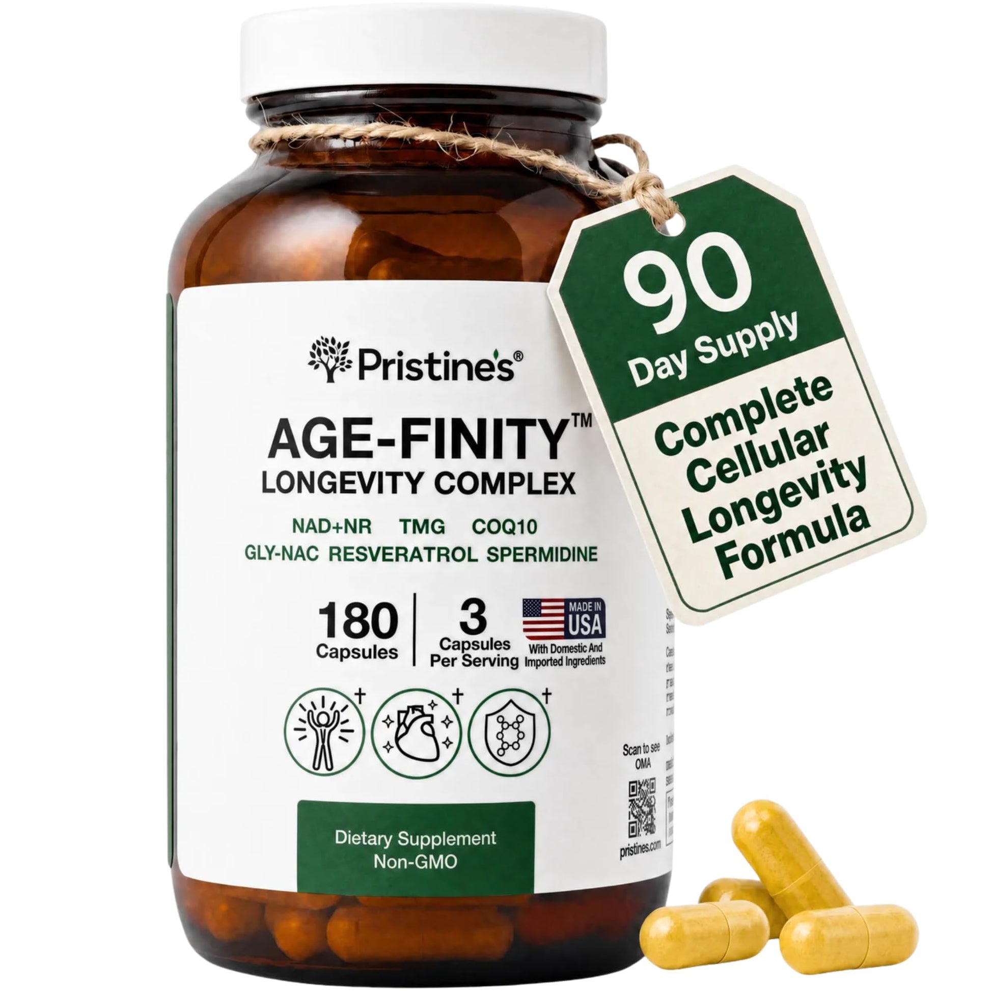 PRISTINE'S Age Finity NAD+ & NR Cellular Optimization Mitochondrial Supplement Capsules, 180 Count
