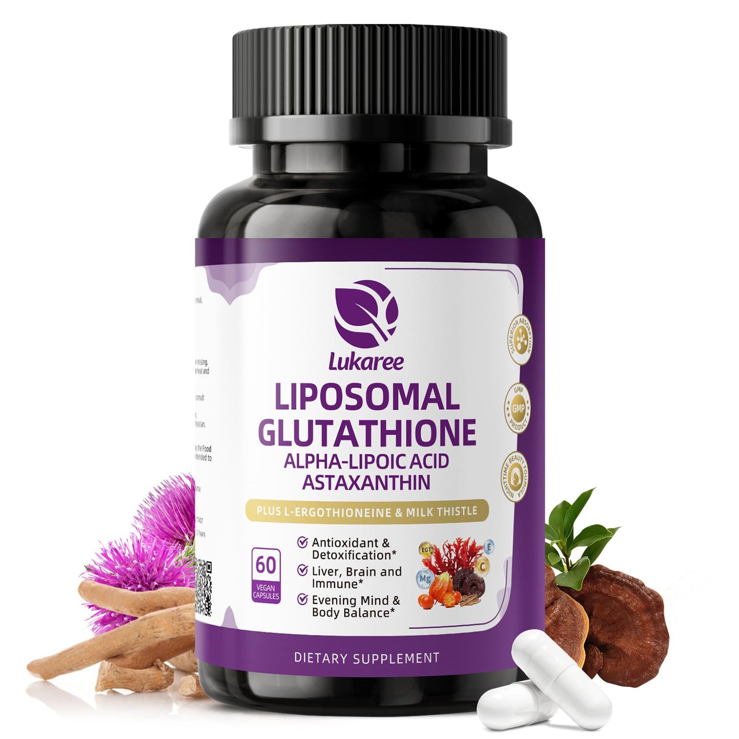 Lukaree Liposomal Glutathione 500mg Capsules, 60 Count