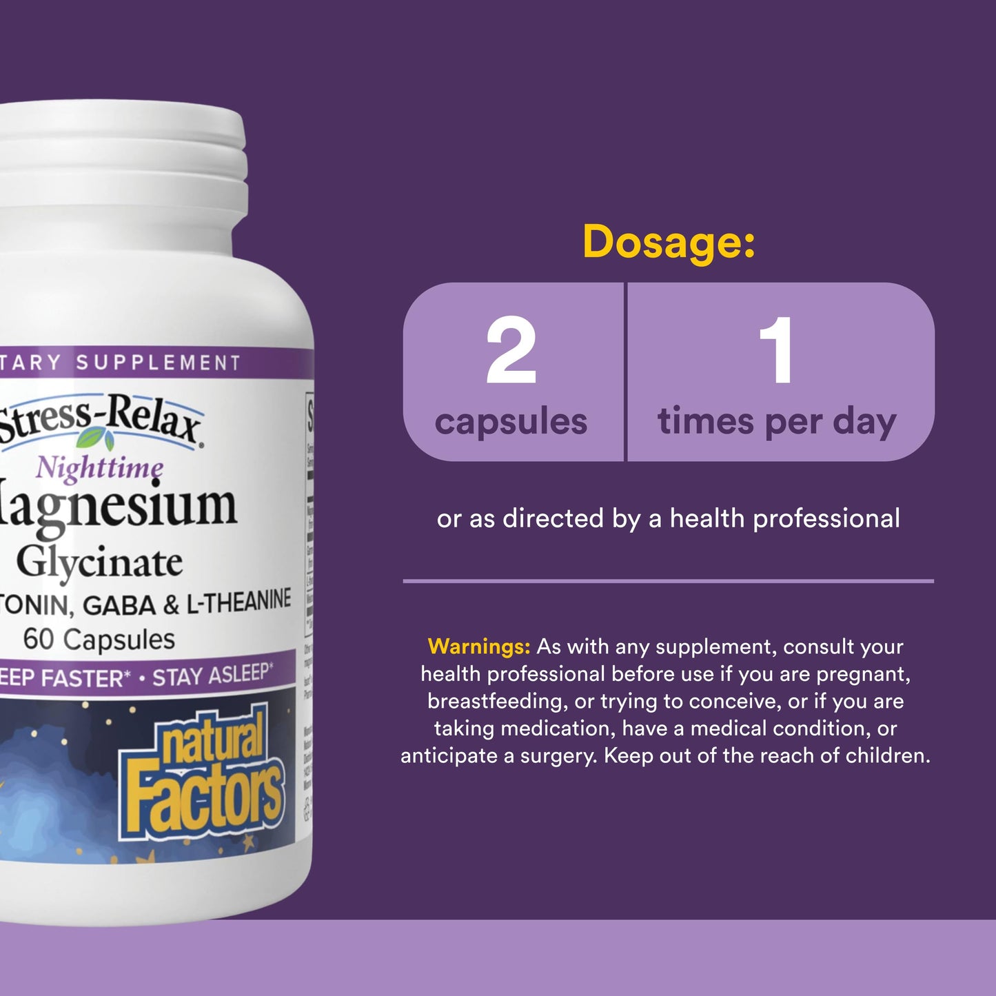 Natural Factors Stress-Relax Nighttime Magnesium Glycinate Capsules, 60 Count
