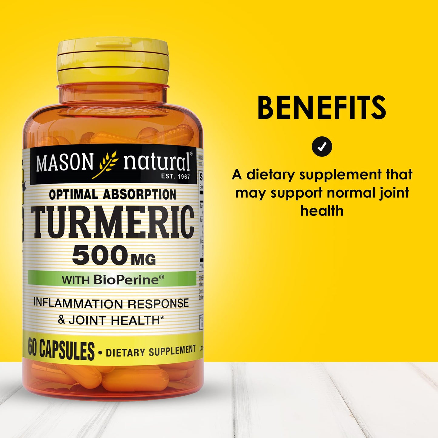 Mason Natural Optimal Absorption Turmeric 500 mg with BioPerine, Supports Normal Joint Health, 60 Capsules