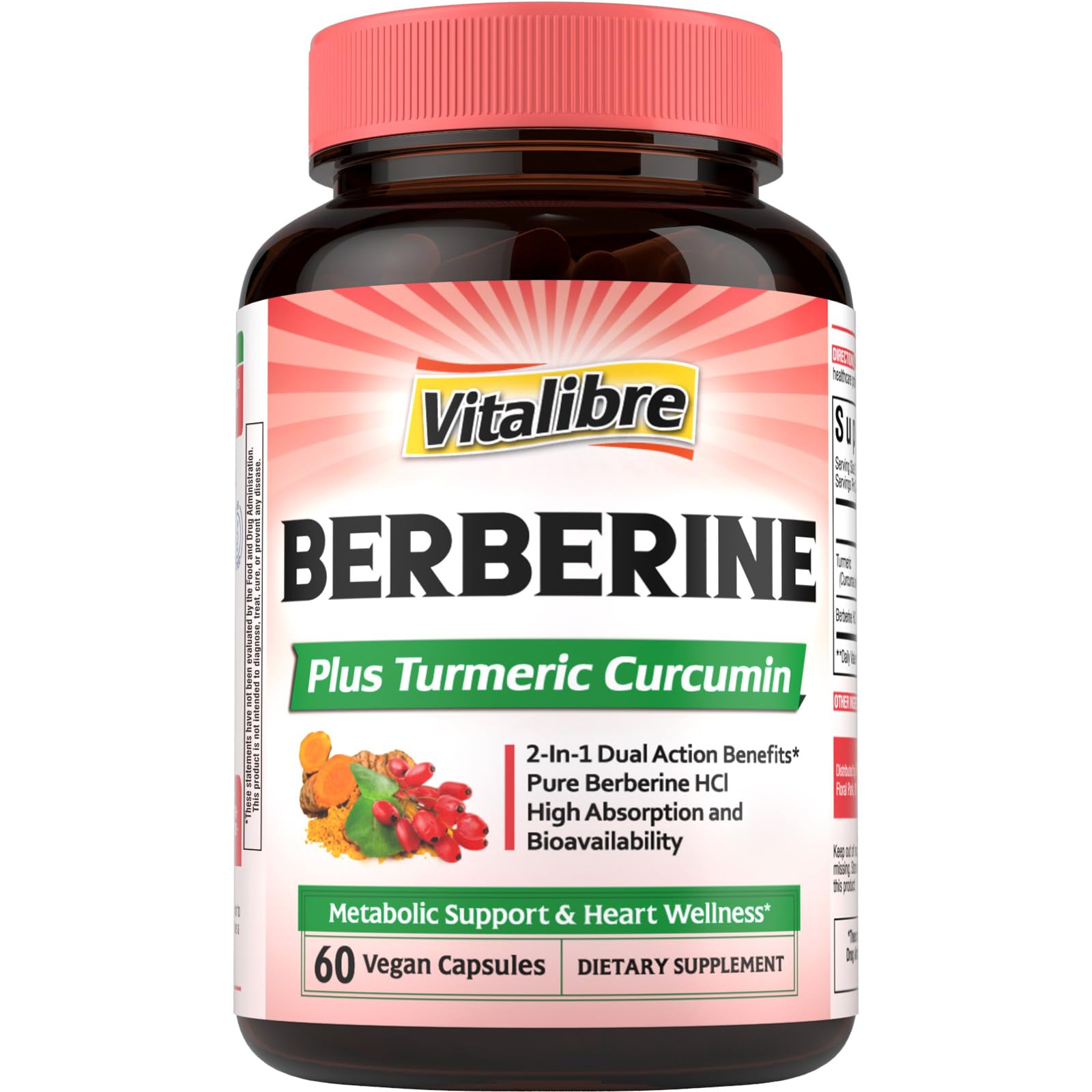 Vitalibre Berberine Supplement with Turmeric Root, 97% High Potency Berberine HCl, Capsules, 60 Count